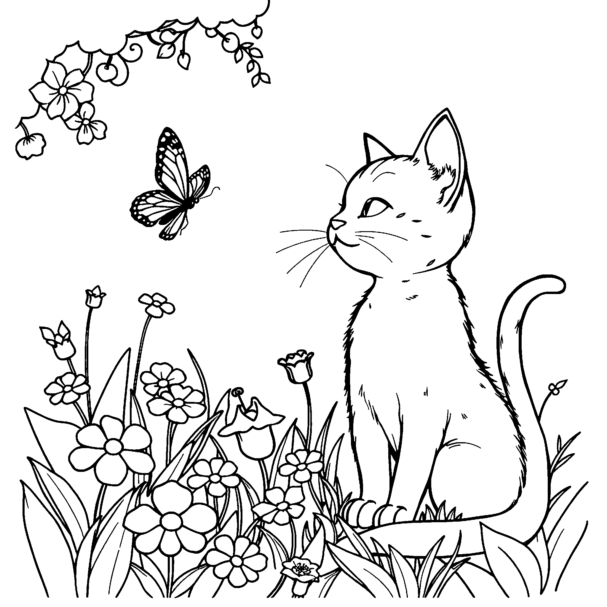 Cat and butterfly coloring page: a cat in the garden, eyes on a butterfly