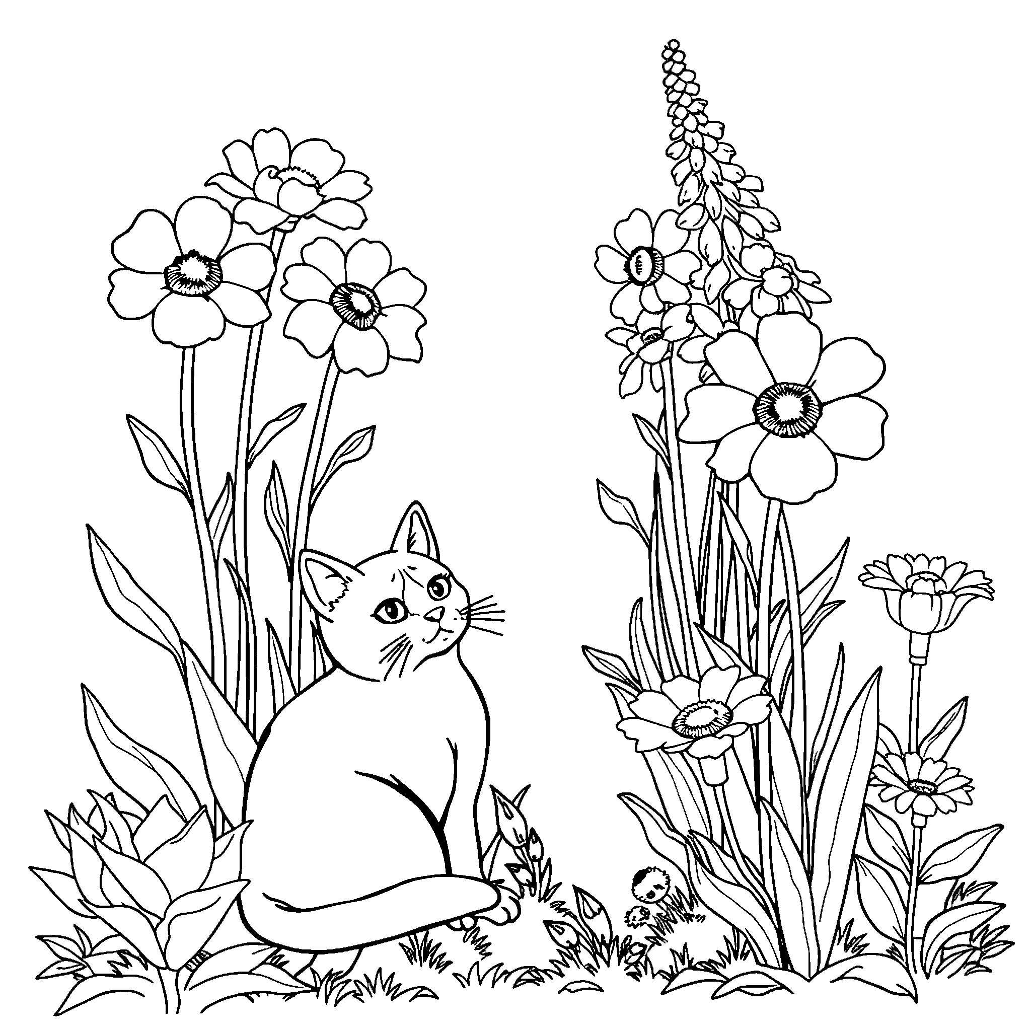 Cat in the flower garden coloring page: a cat hiding among tall garden flowers