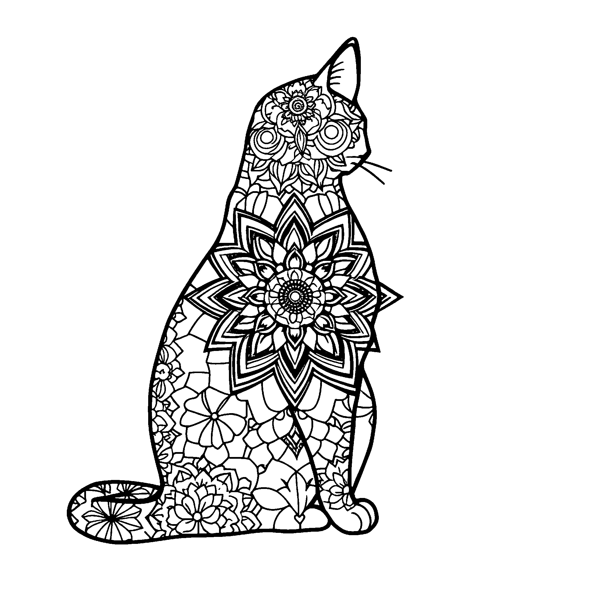 Cat mandala coloring page: a cat shape filled with patterns, for older kids and adults