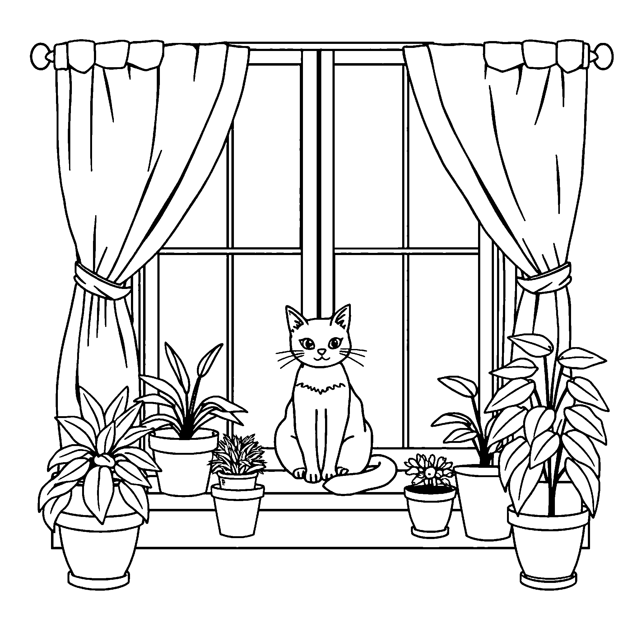 Cat on the windowsill coloring page: a cat watching the world from a sunny window