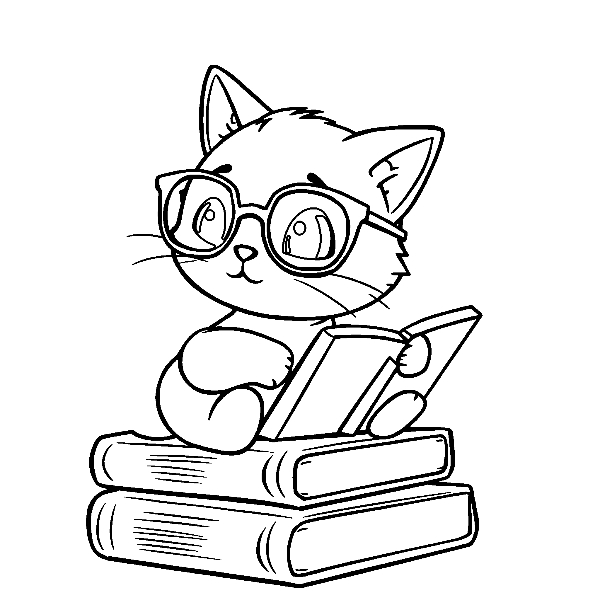 Cat with a book coloring page: a bookish cat in glasses on a pile of books