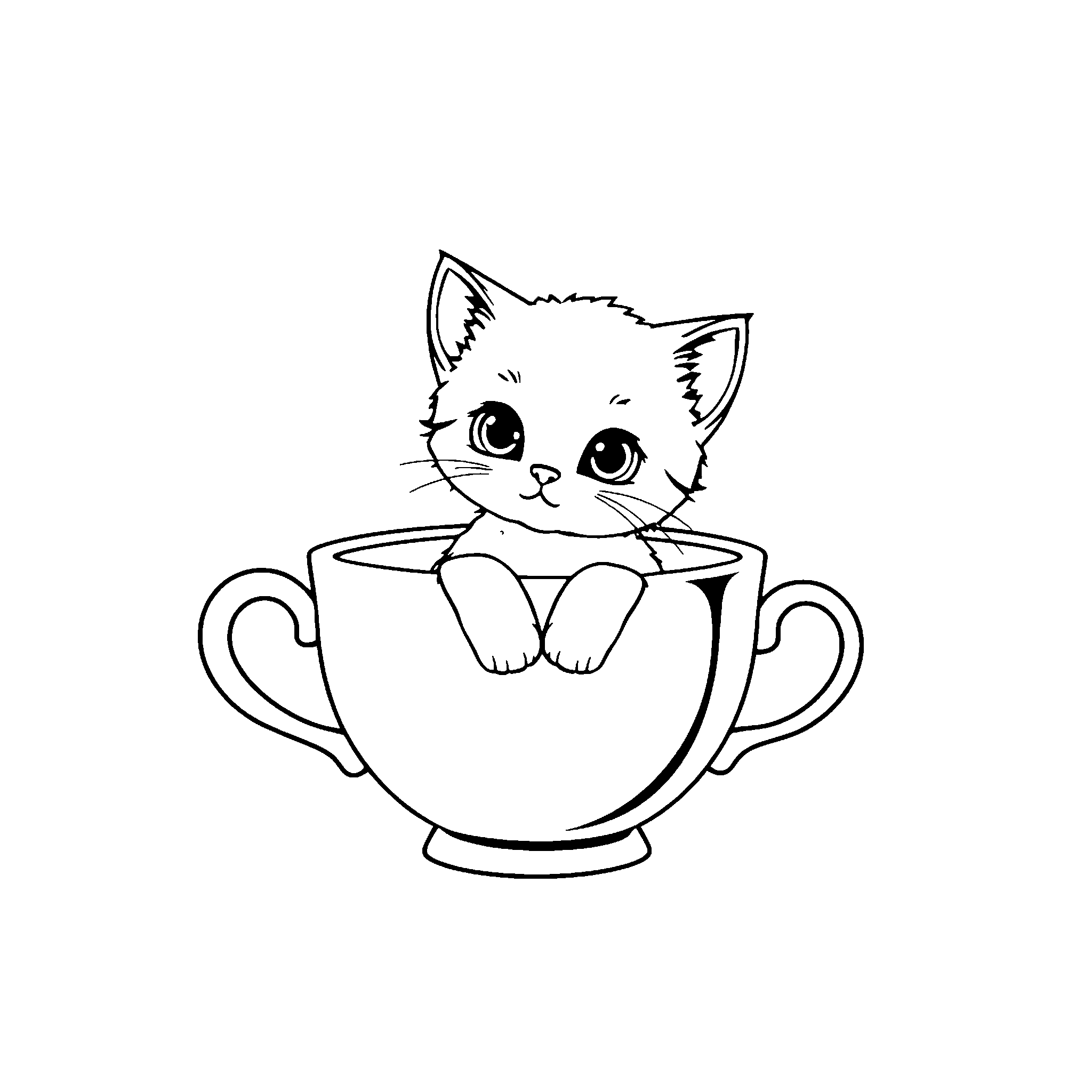 Kitten in a teacup coloring page: a tiny kitten sitting in a teacup