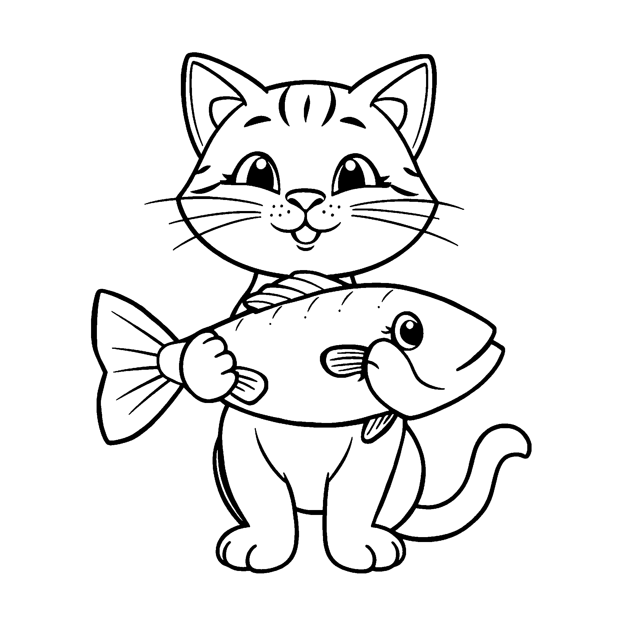 Cat with a fish coloring page: a happy cat that has caught its dinner