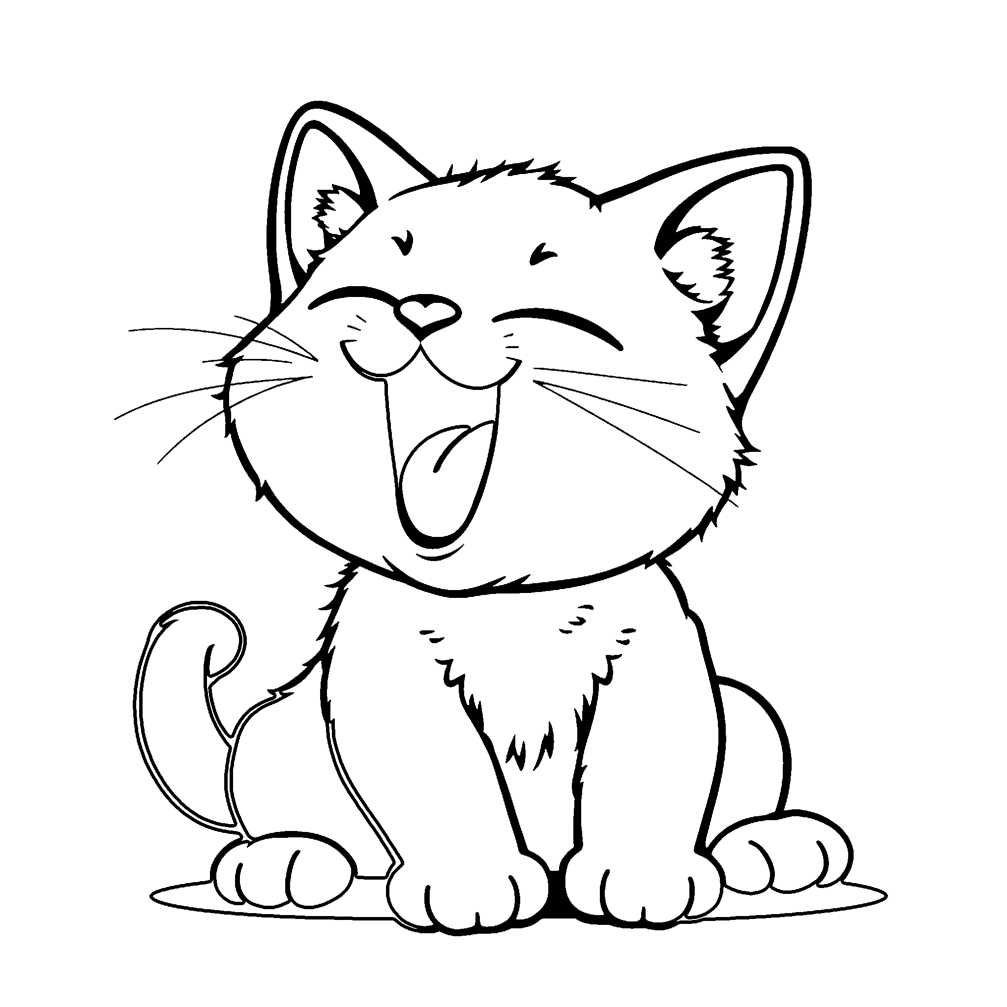 Yawning kitten coloring page: a kitten mid-yawn with a big stretch