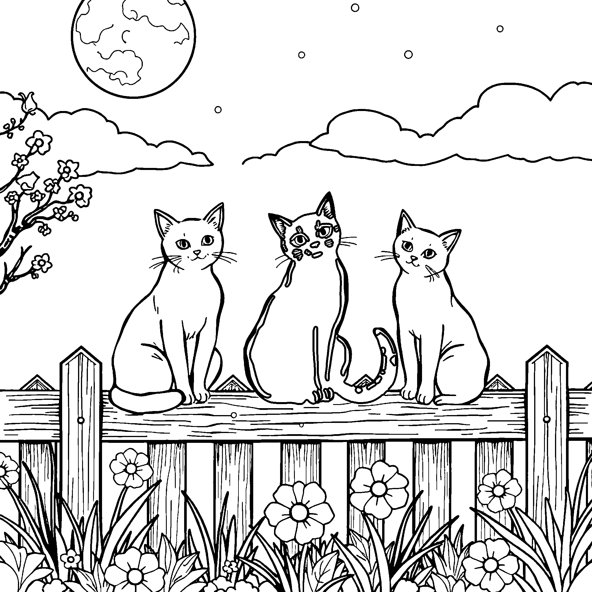 Cats on the fence coloring page: three cats lined up on a fence at night