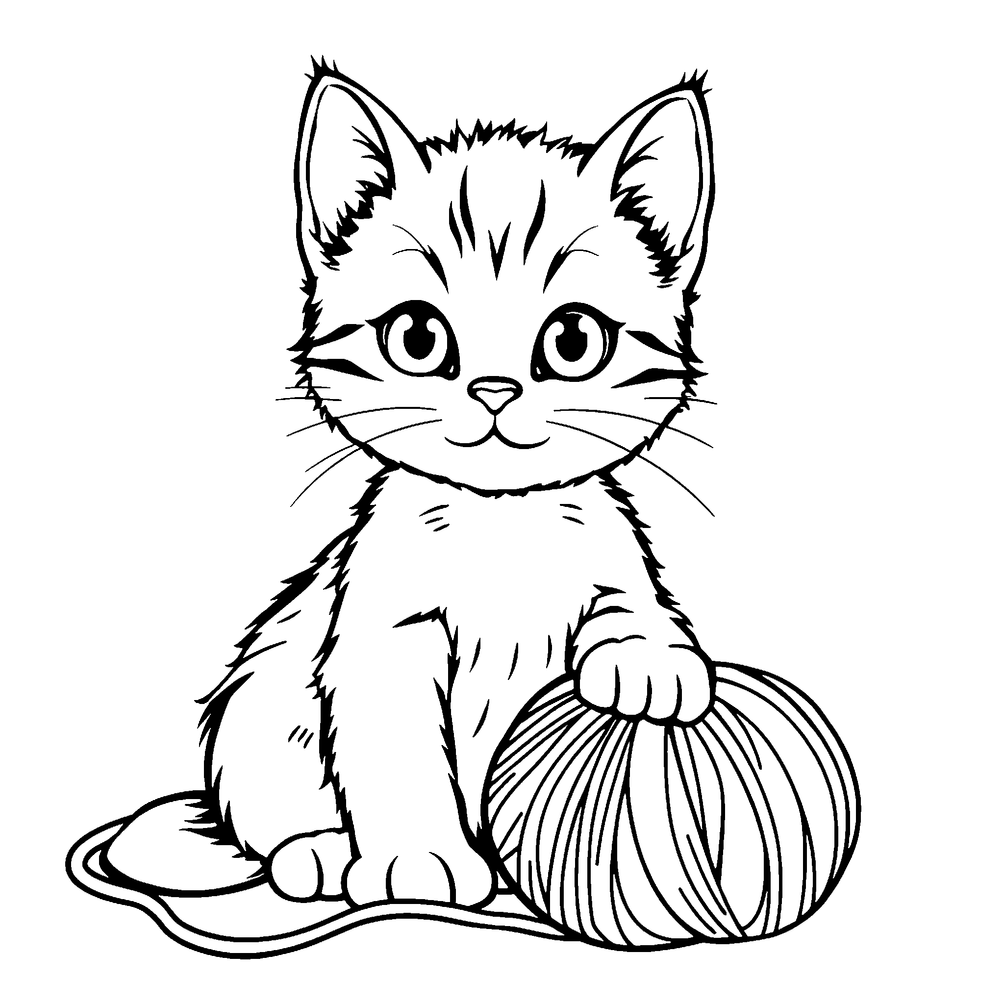Kitten with a ball of yarn coloring page: a kitten playing with a ball of yarn