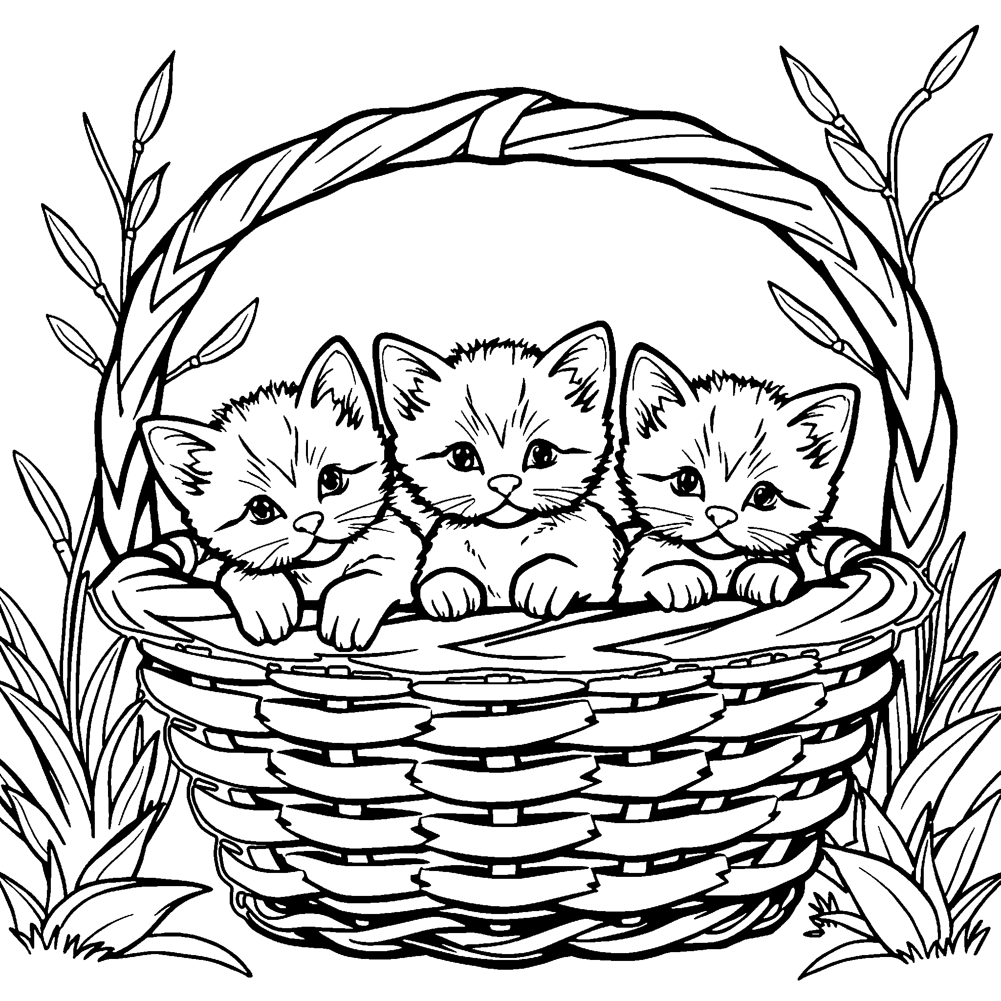 Kittens in a basket coloring page: three kittens tumbling over each other in a basket