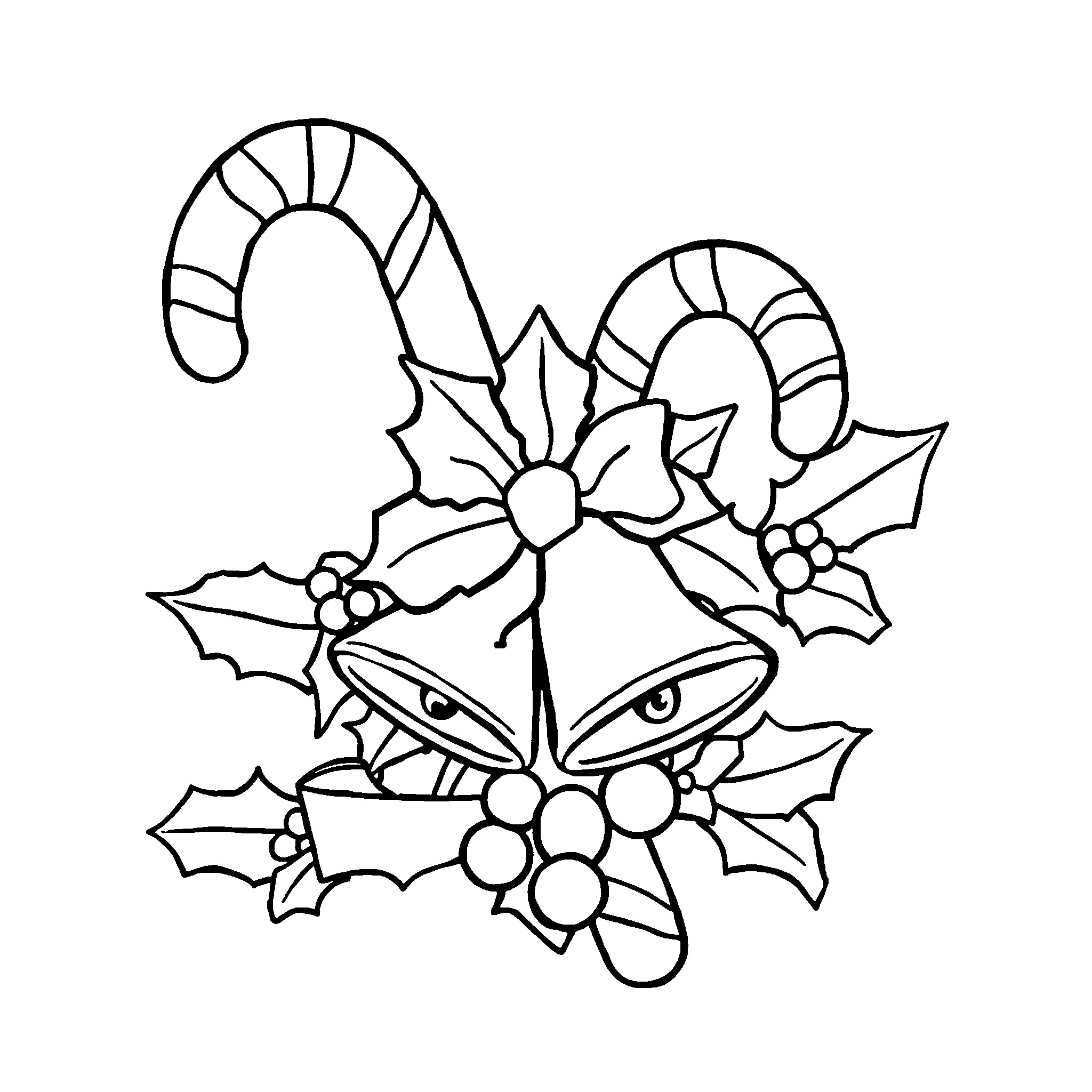 Candy canes and bells coloring page: candy canes and bells tied with holly and a bow