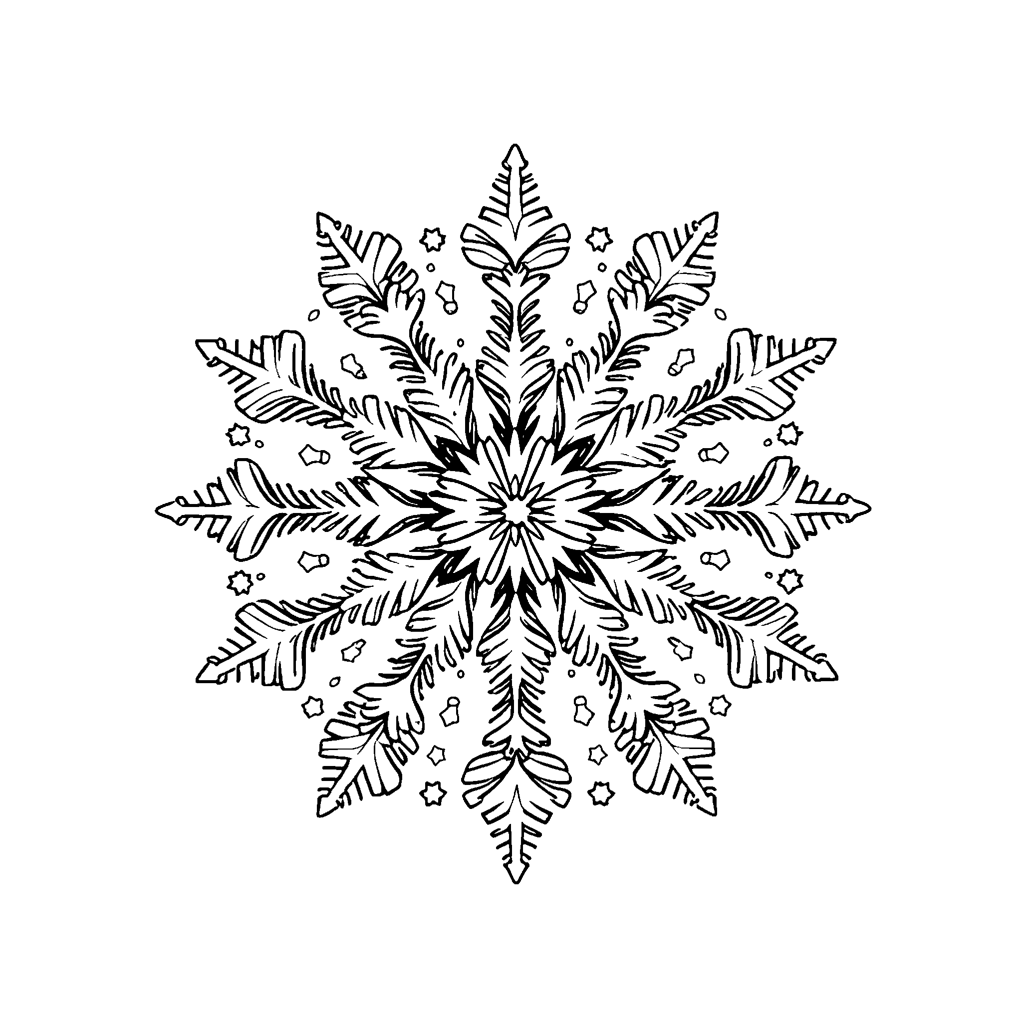 Snowflake mandala coloring page: a round pattern of snowflakes and stars for older kids and adults