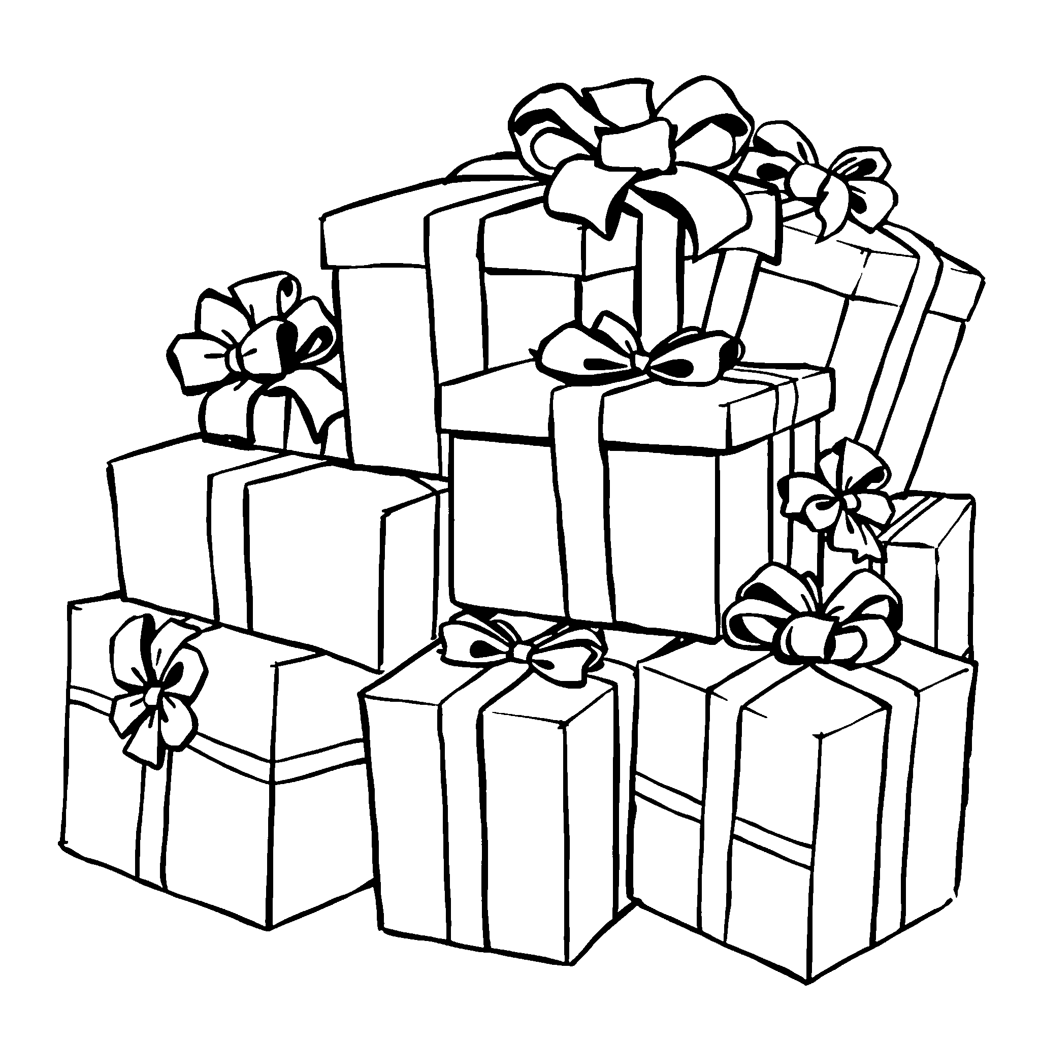 Christmas presents coloring page: boxes in different sizes, each with its own ribbon and bow