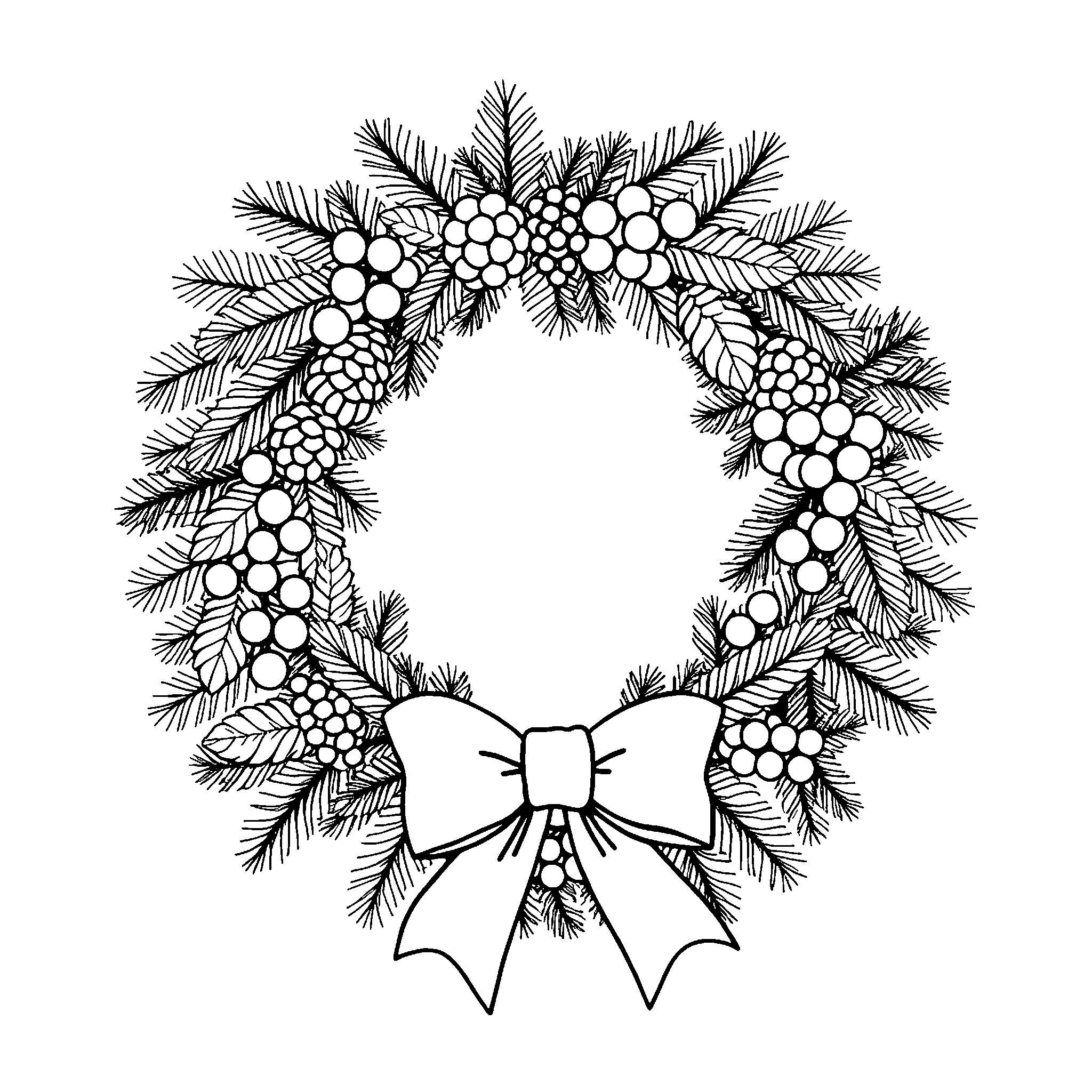 Christmas wreath coloring page: a wreath with pine cones, berries and a big bow