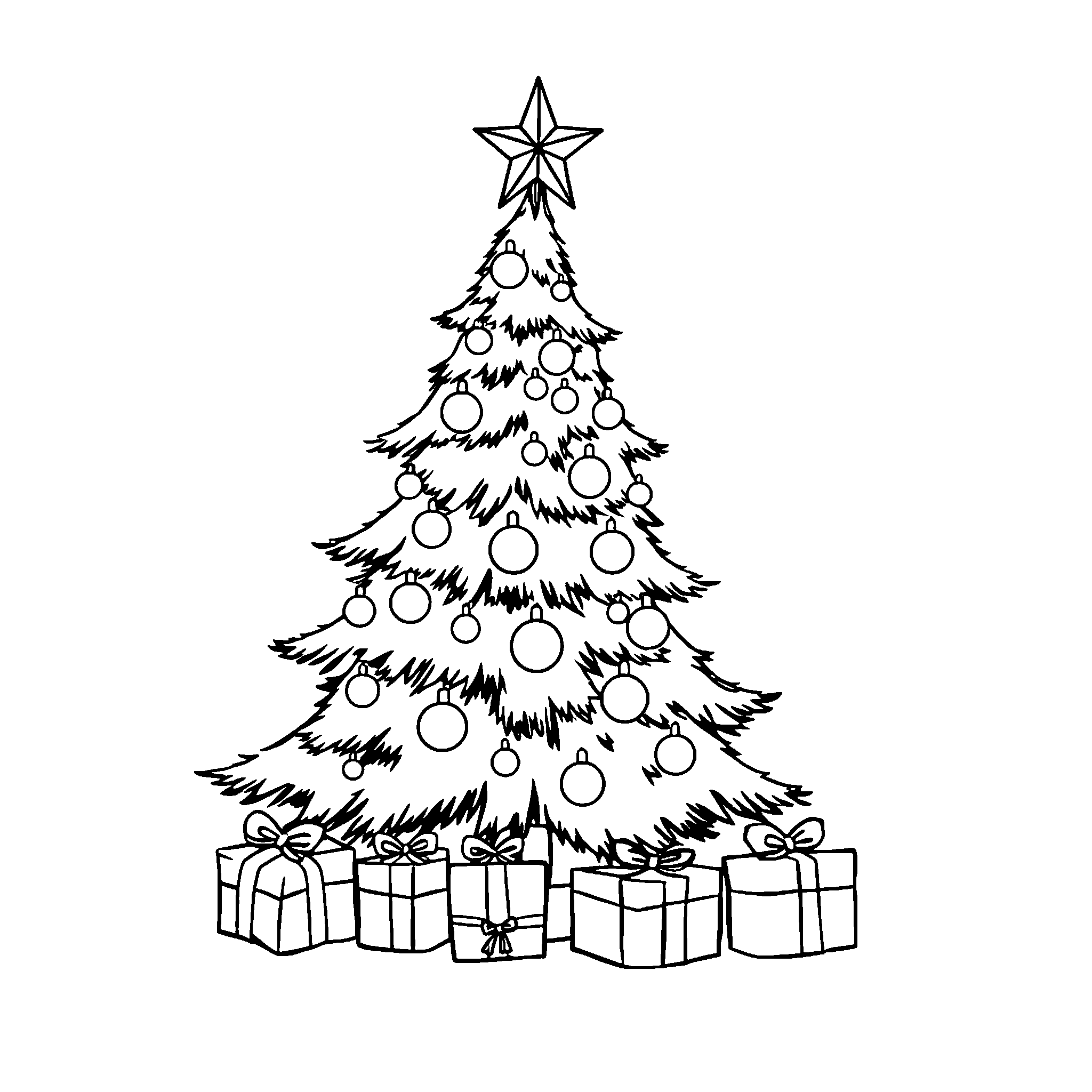 Christmas tree coloring page: a tree full of baubles with a star on top and presents underneath