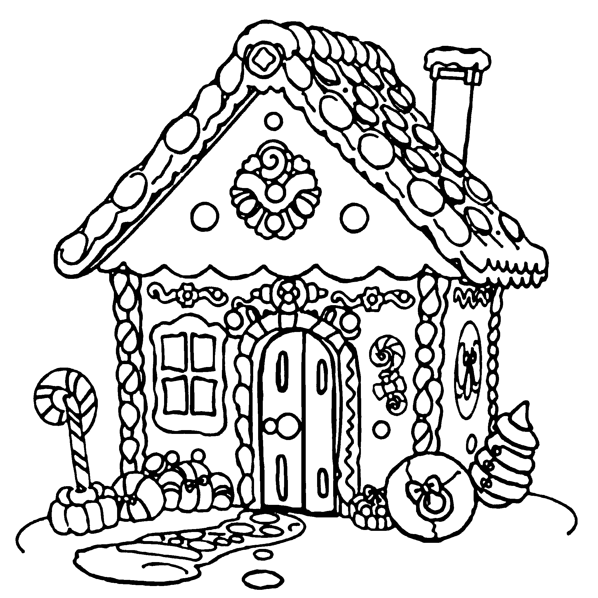 Gingerbread house coloring page: a gingerbread house covered in candy, icing and gumdrops