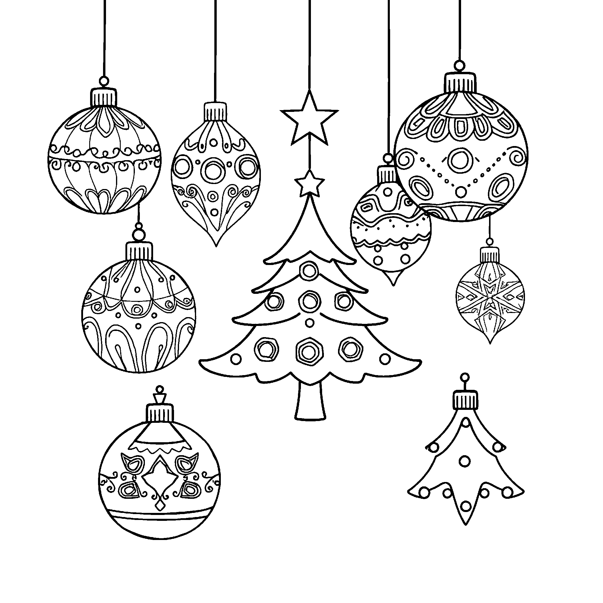Christmas ornaments coloring page: baubles with stripes, stars and dots to decorate with your own colors