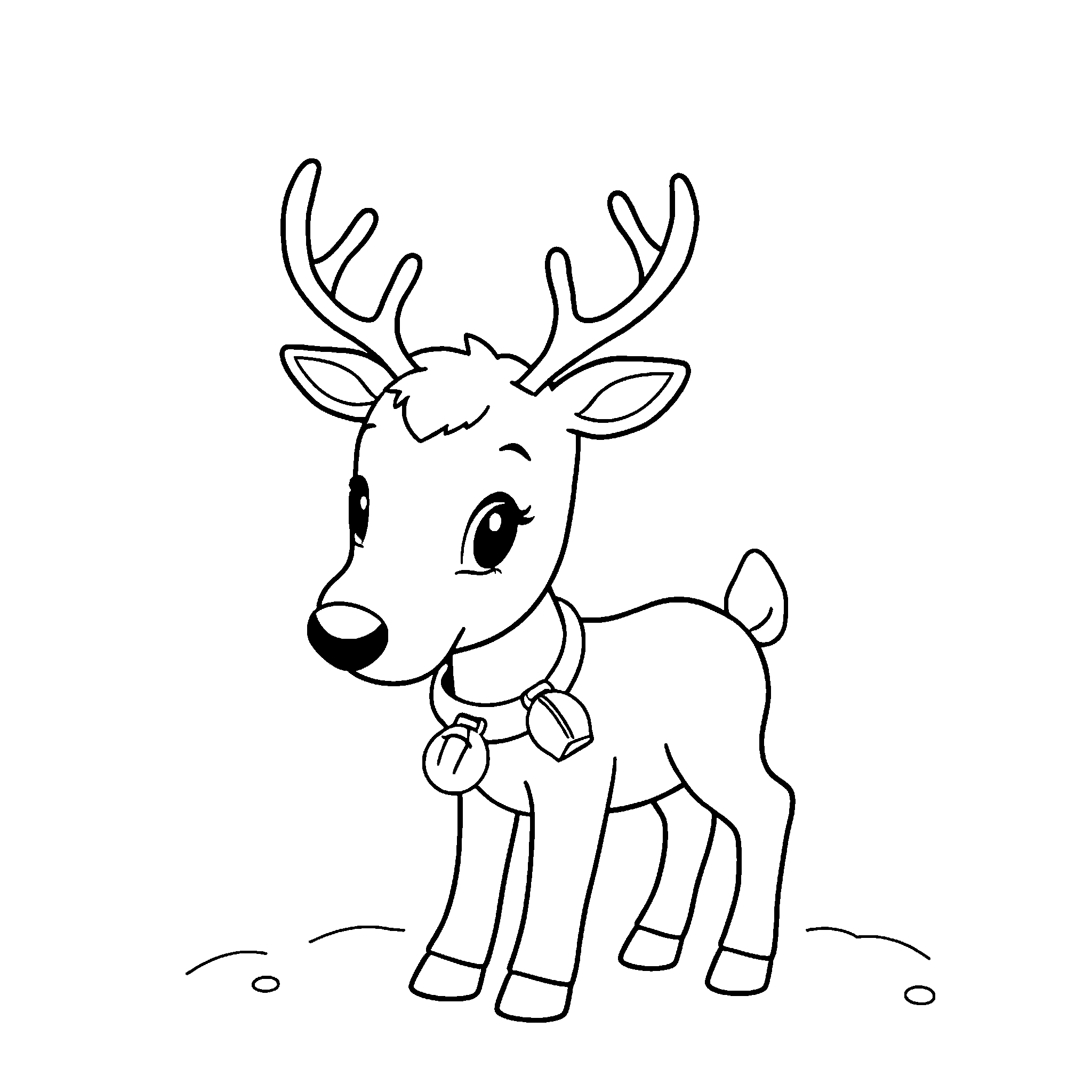 Reindeer coloring page: a young reindeer with a bell collar standing in the snow