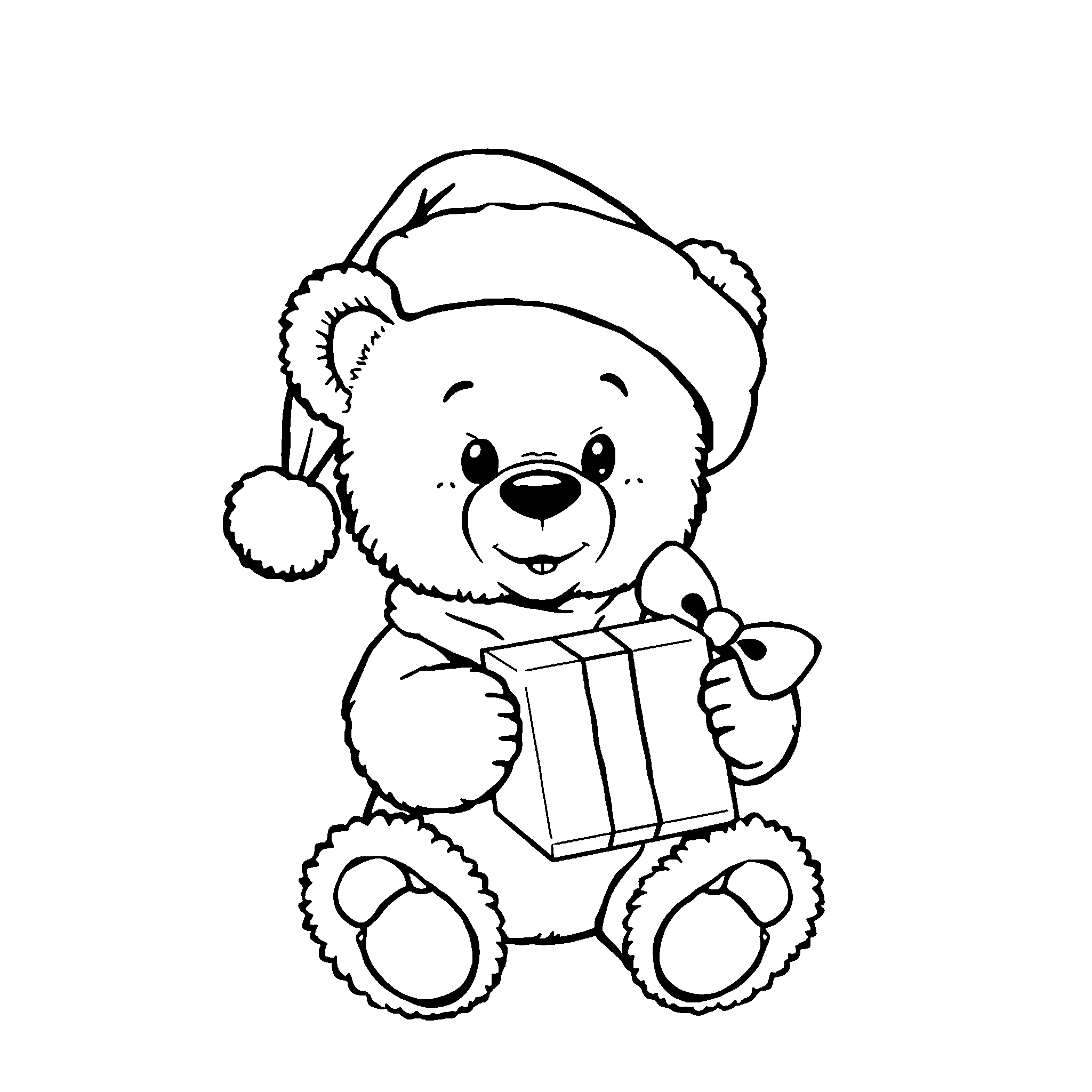 Christmas teddy bear coloring page: a teddy bear in a holiday hat holding a present