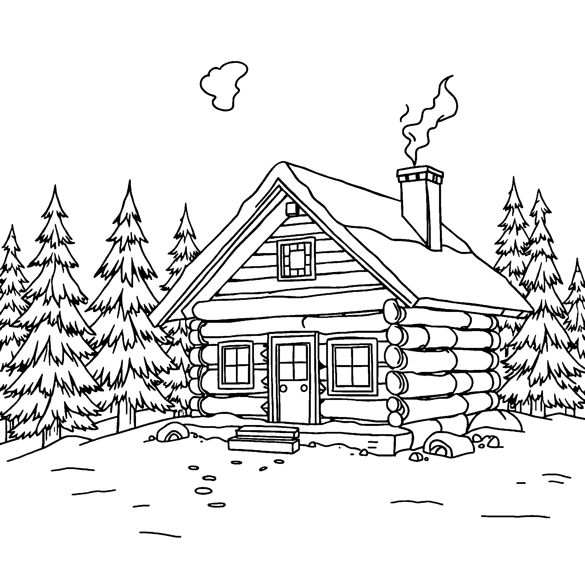 Winter cabin coloring page: a snowy cabin with smoke curling from the chimney