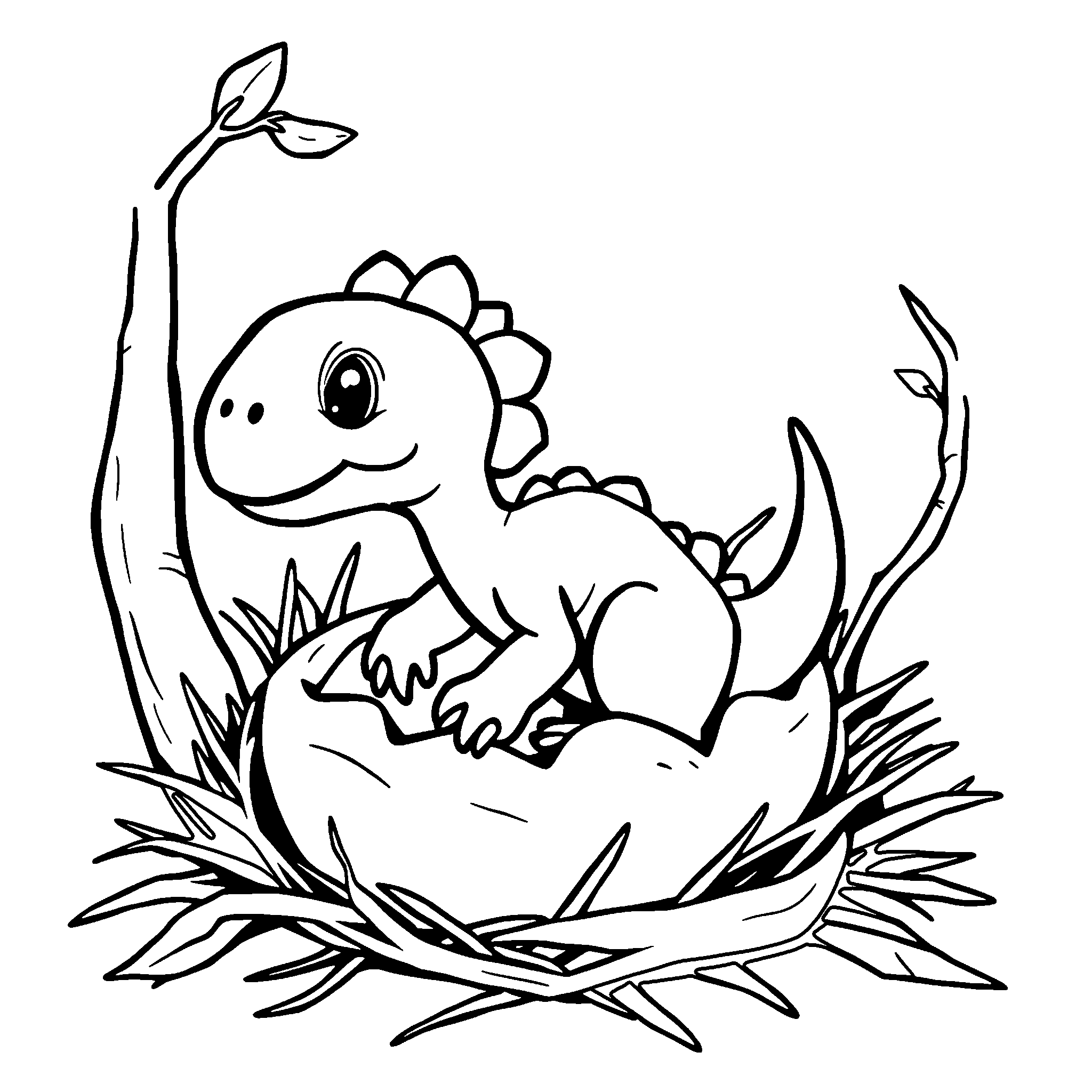 Baby dinosaur hatching coloring page: a baby dinosaur peeking out of its shell