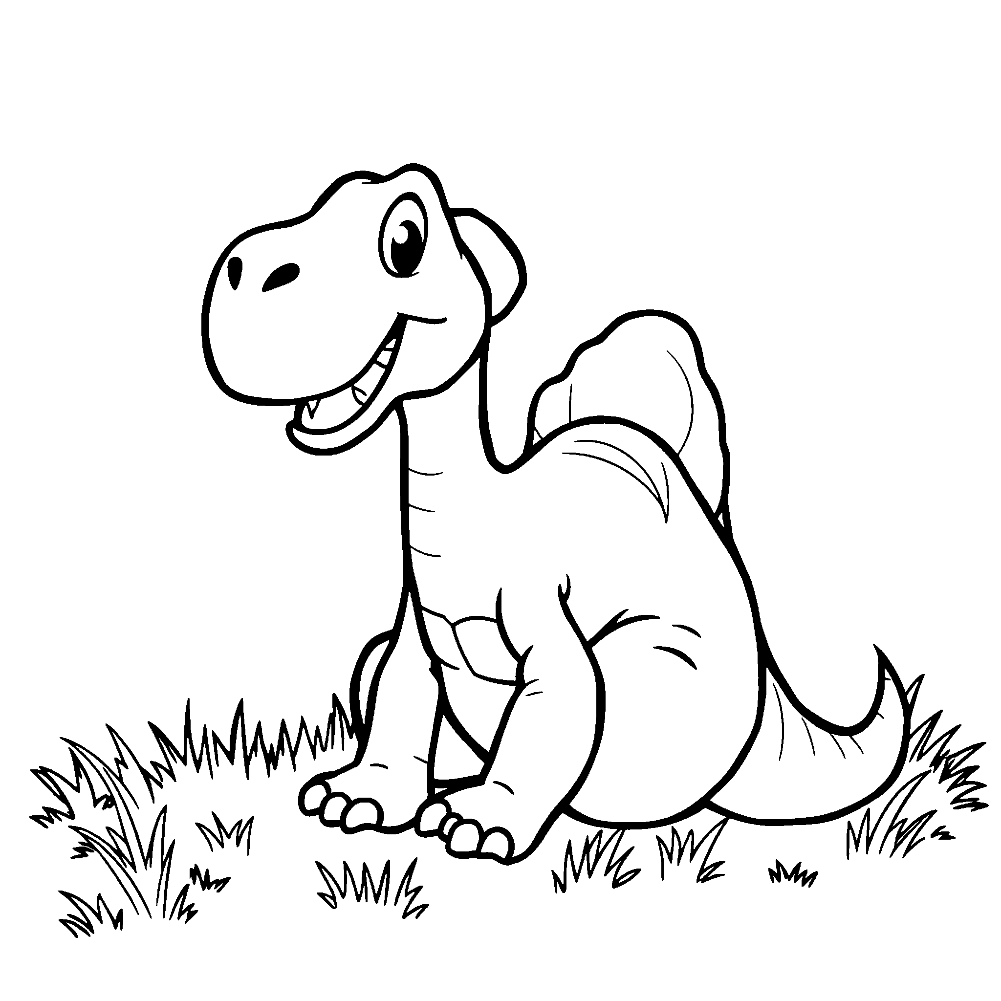 Baby dinosaur sitting coloring page: a little dinosaur sitting in the grass with a big smile