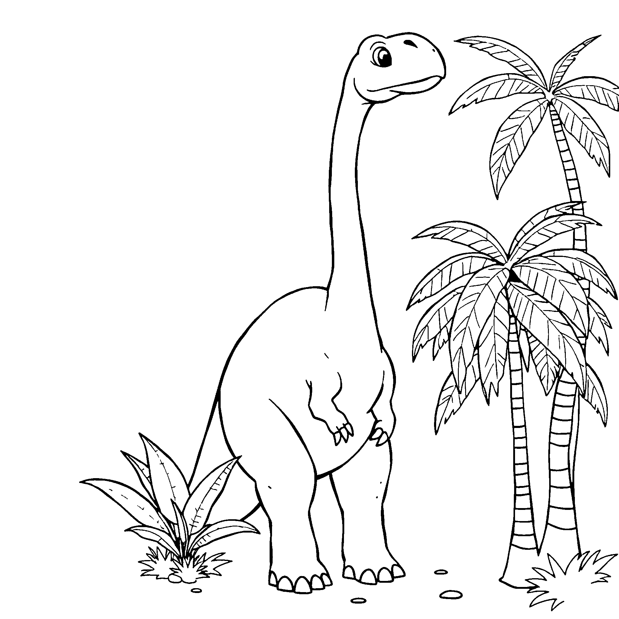 Brachiosaurus eating leaves coloring page: a long-neck reaching the top of a palm tree