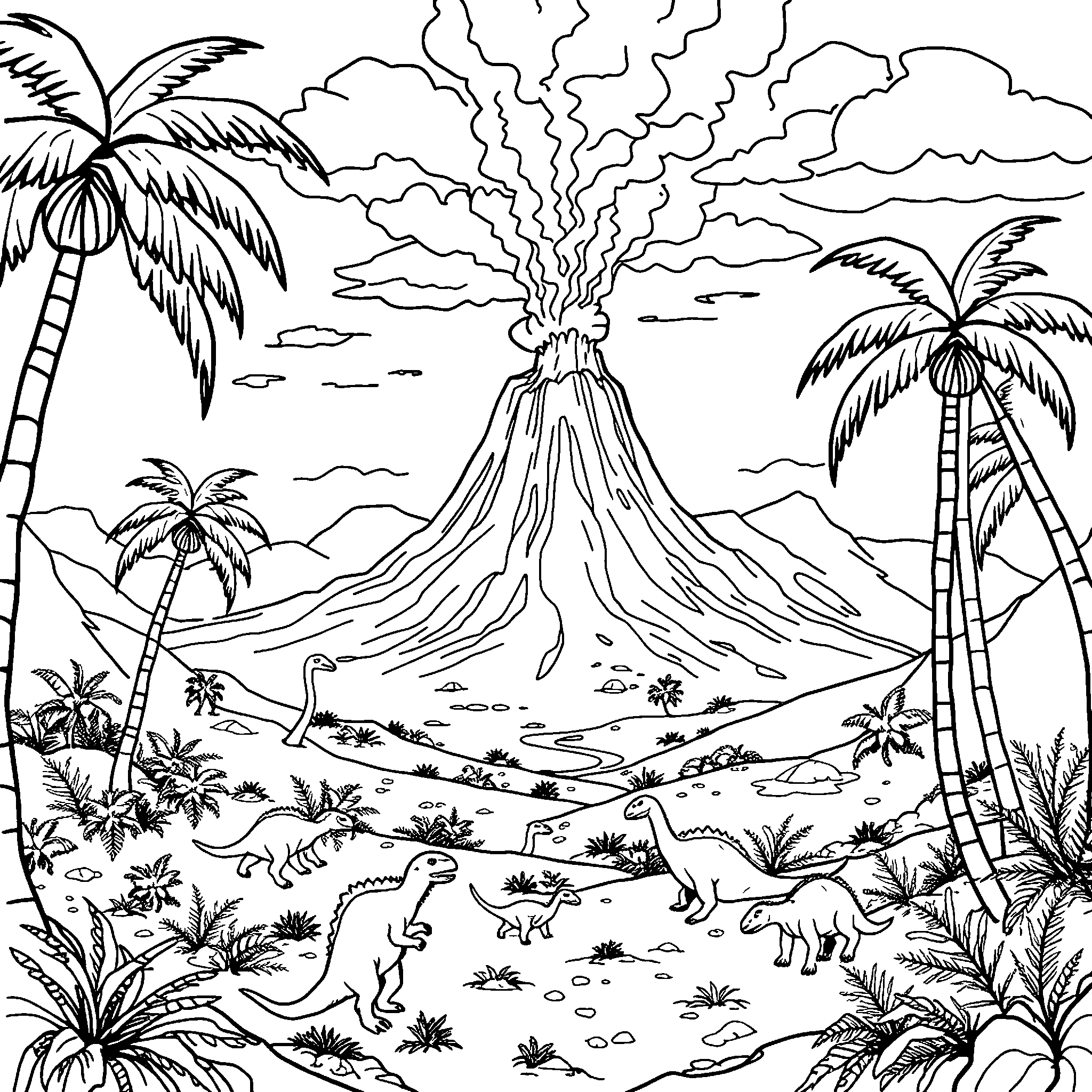 Volcano valley coloring page: a whole prehistoric valley to fill in, for older kids