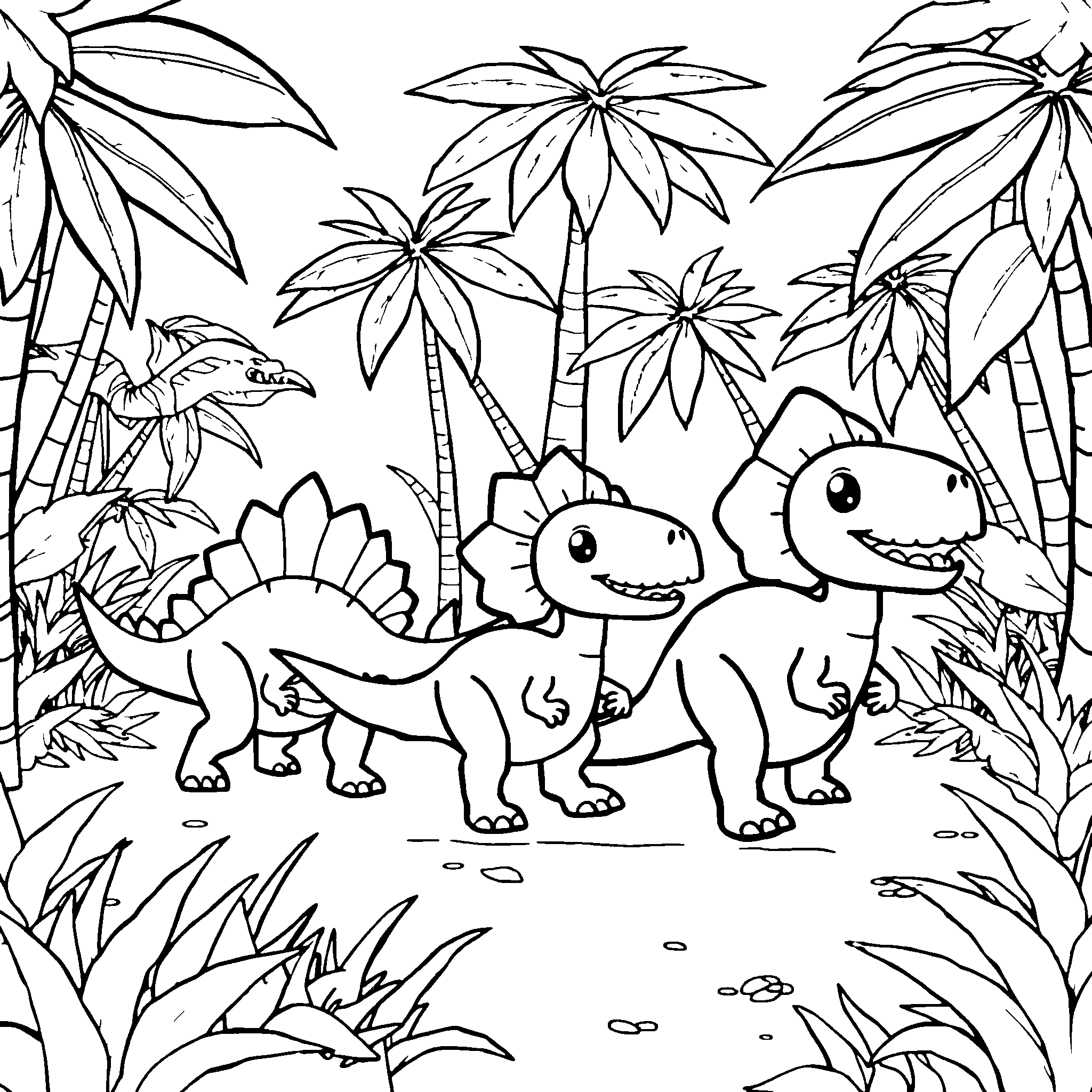 Dinosaur parade coloring page: three dinosaurs marching through the jungle