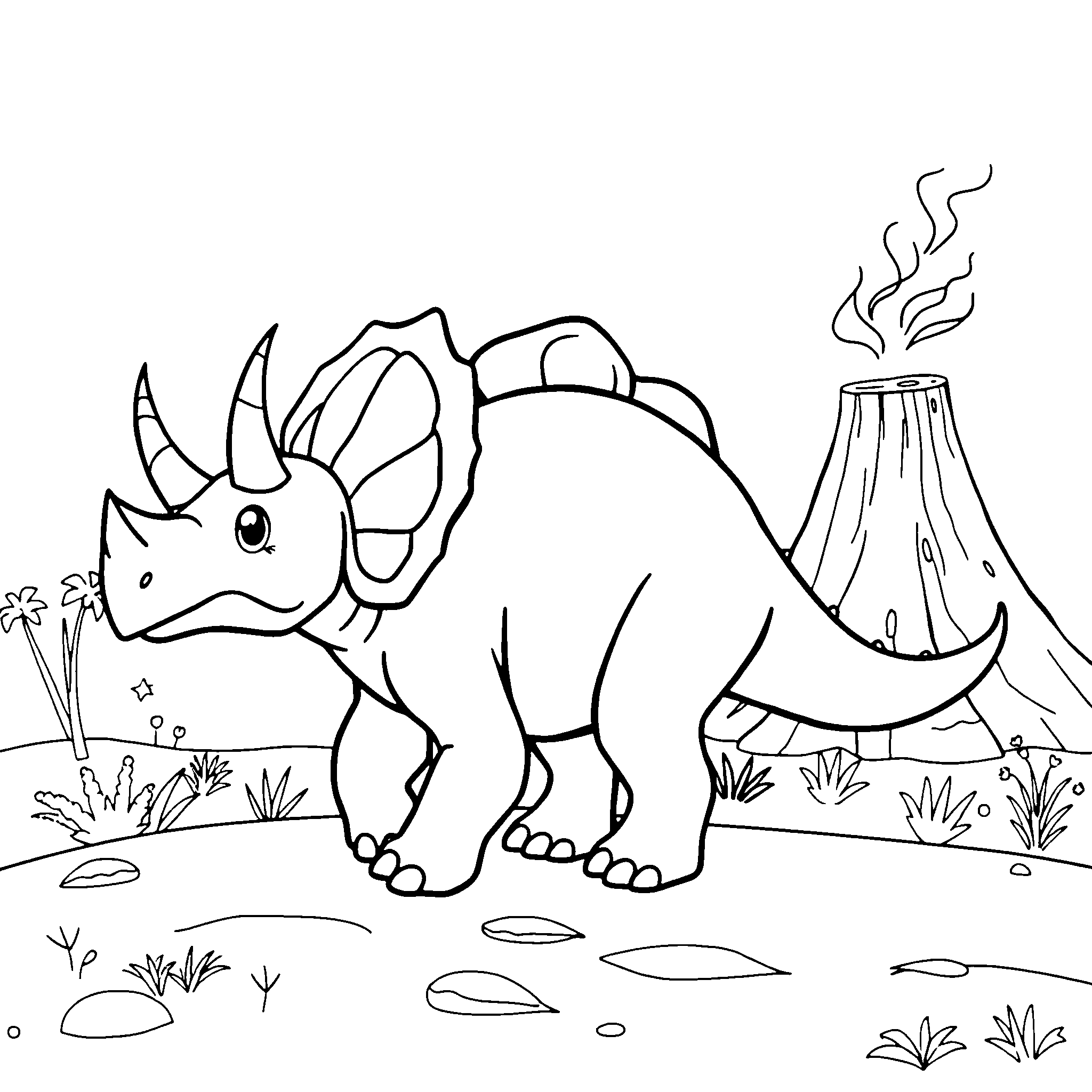 Triceratops and volcano coloring page: a triceratops strolling past a smoking volcano