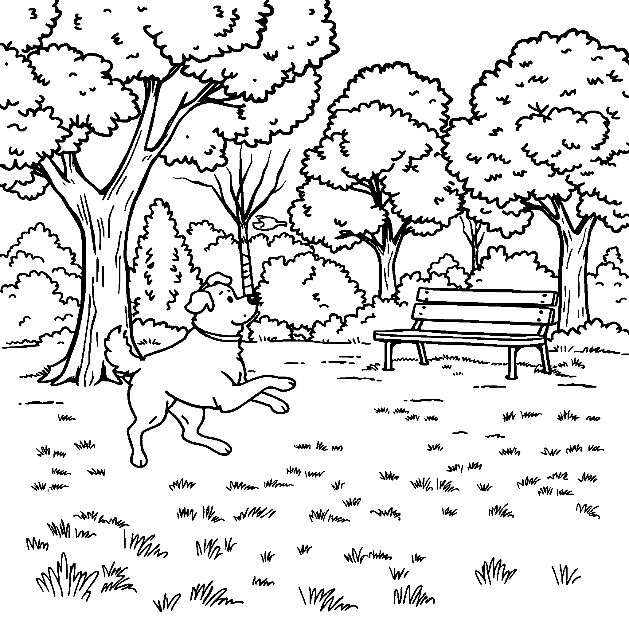 Dog at the park coloring page: a dog leaping for a frisbee in the park