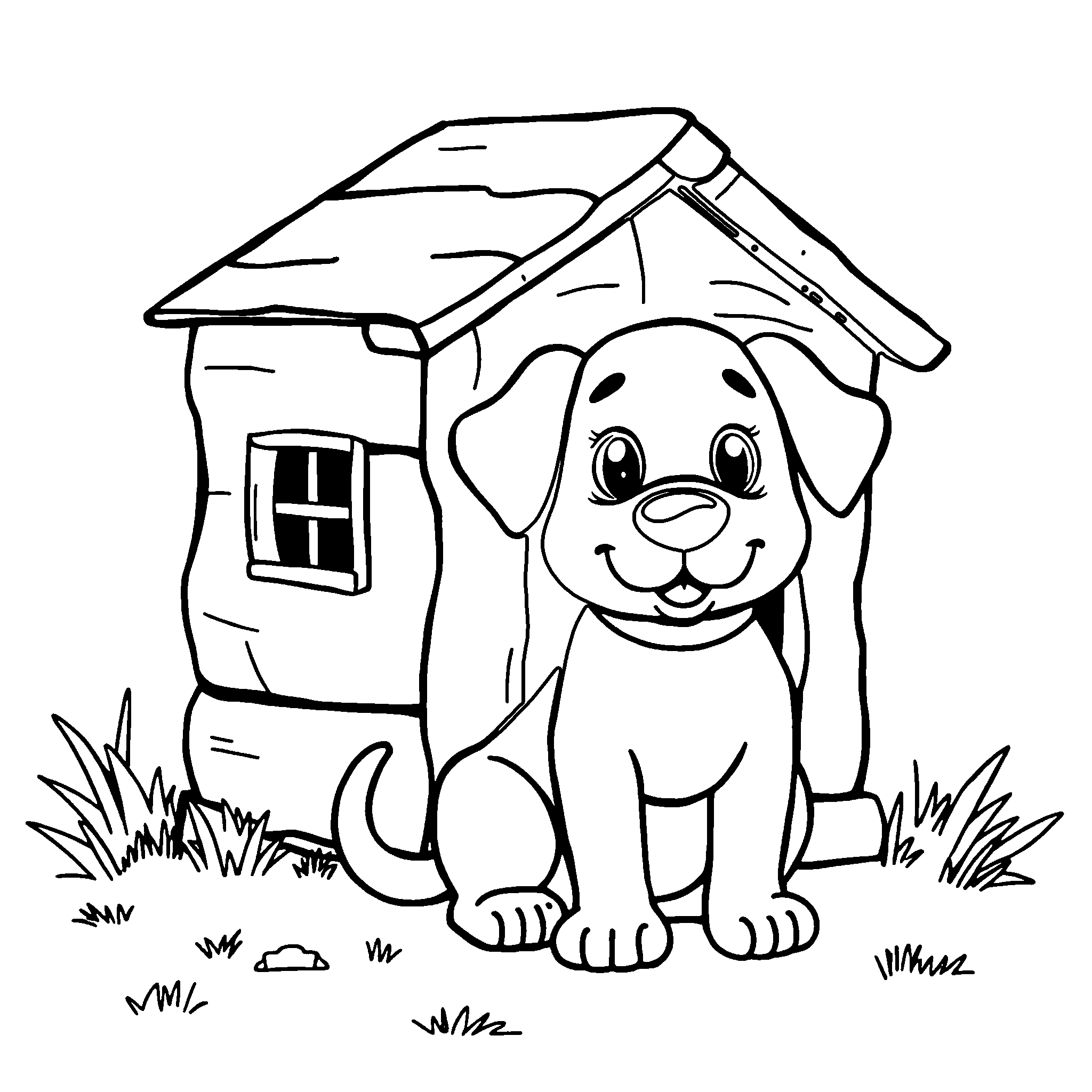Dog and doghouse coloring page: a dog in front of its wooden house