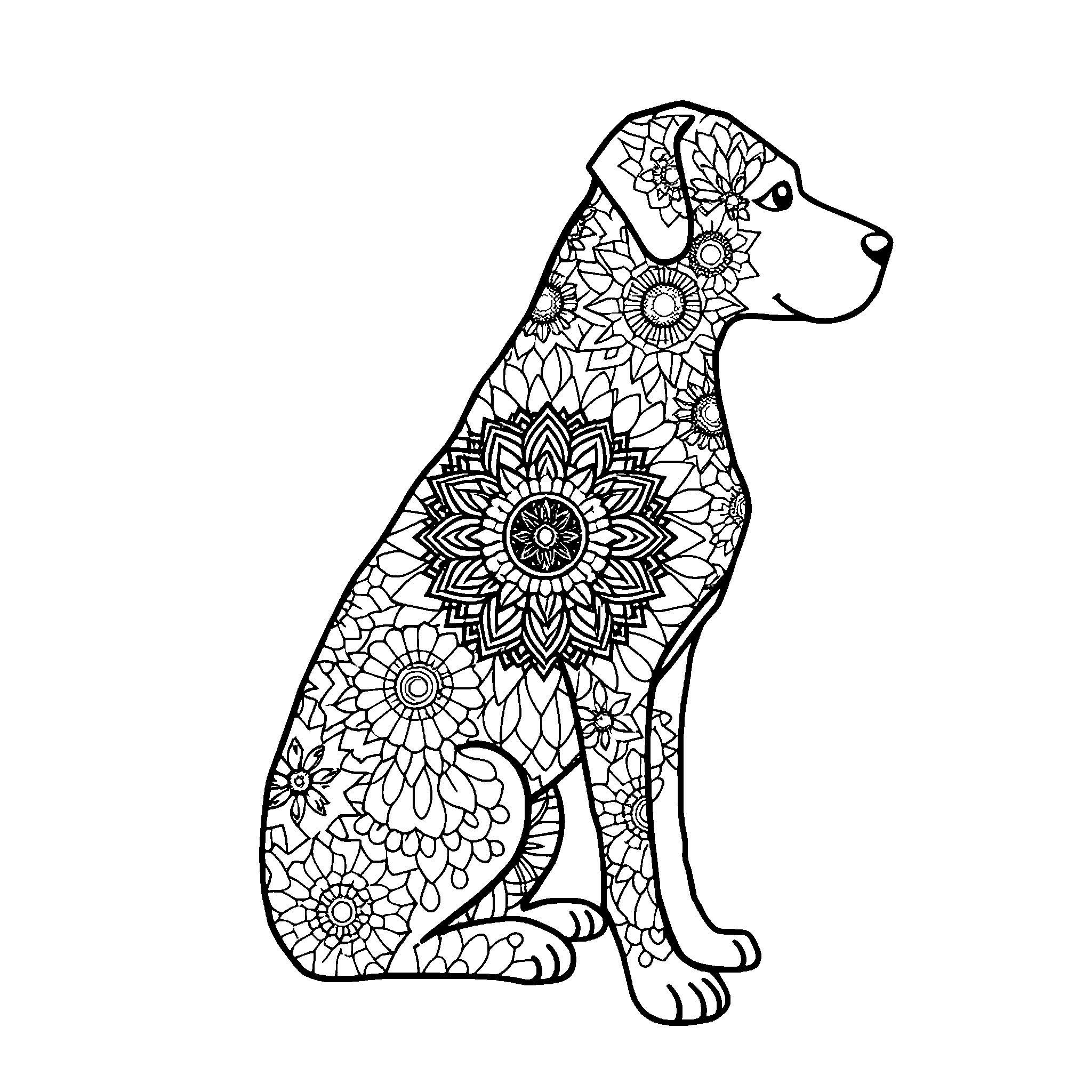 Dog mandala coloring page: a dog shape filled with patterns, for older kids and adults