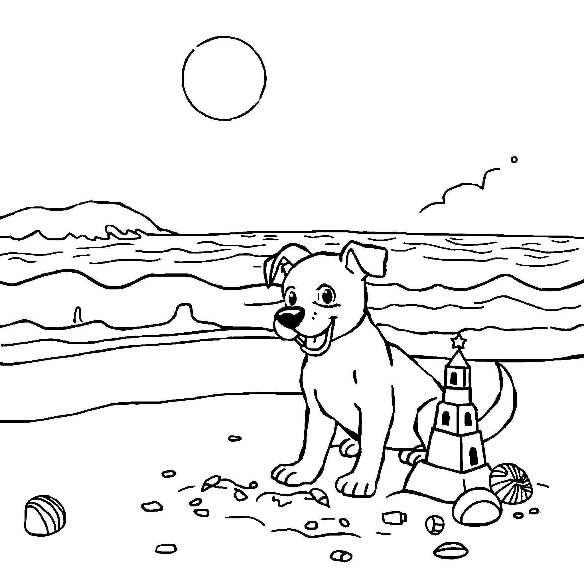 Dog on the beach coloring page: a dog splashing by a sandcastle at the beach