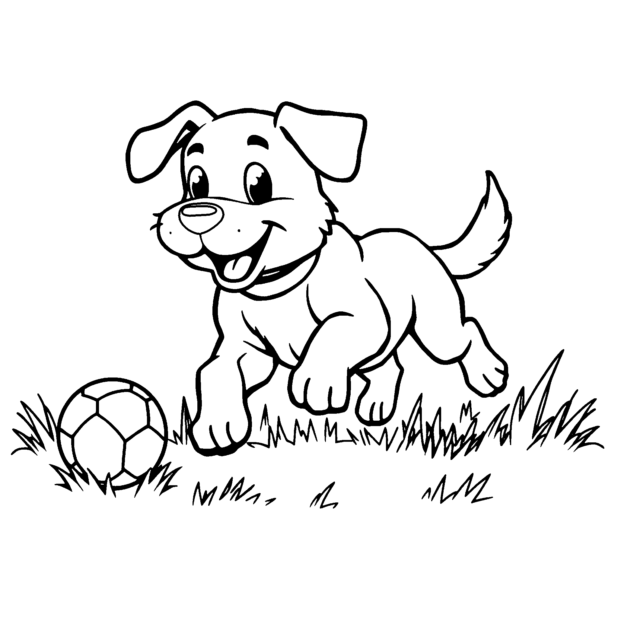 Dog with a ball coloring page: a dog chasing its ball across the grass