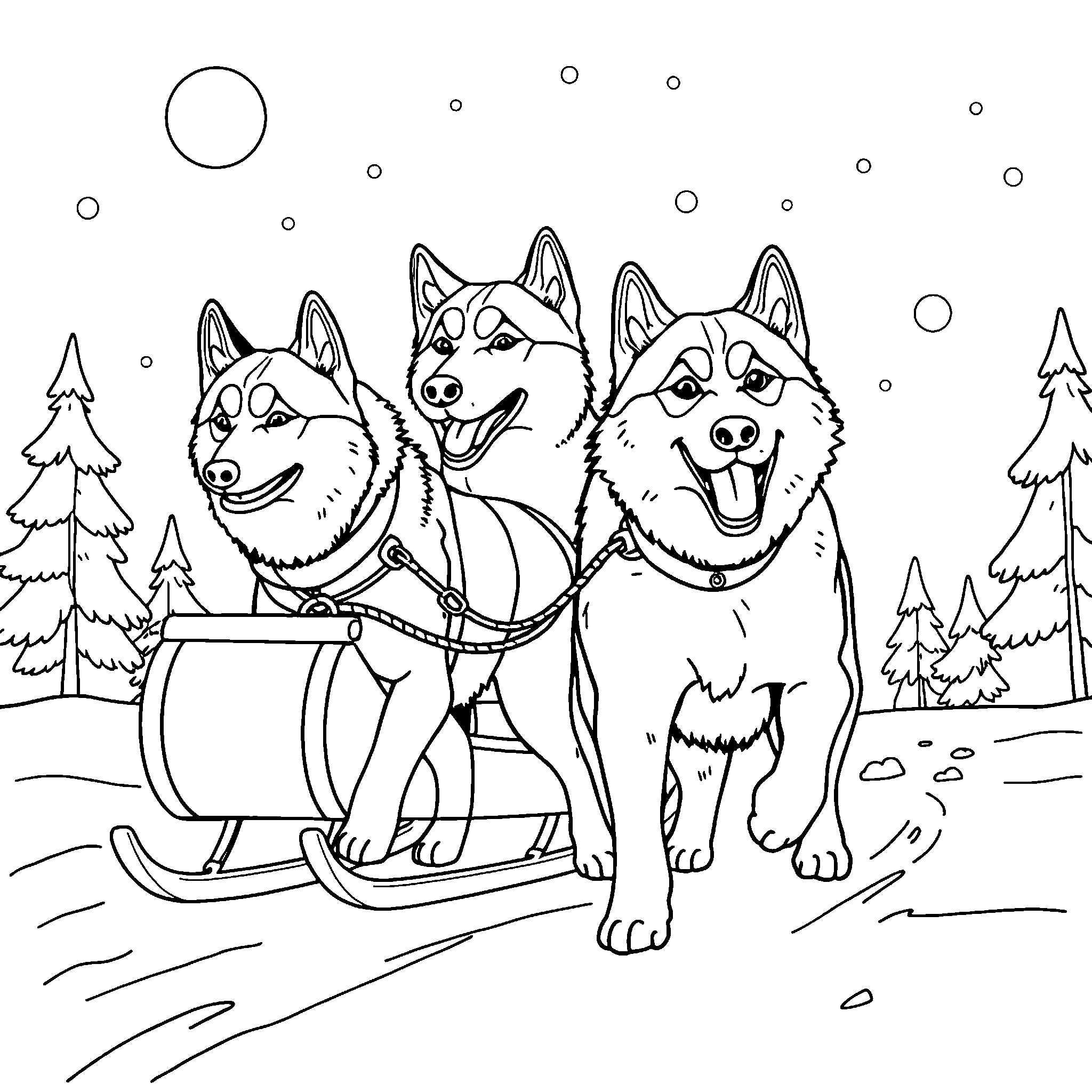 Sled dogs coloring page: huskies pulling a sled through the snow
