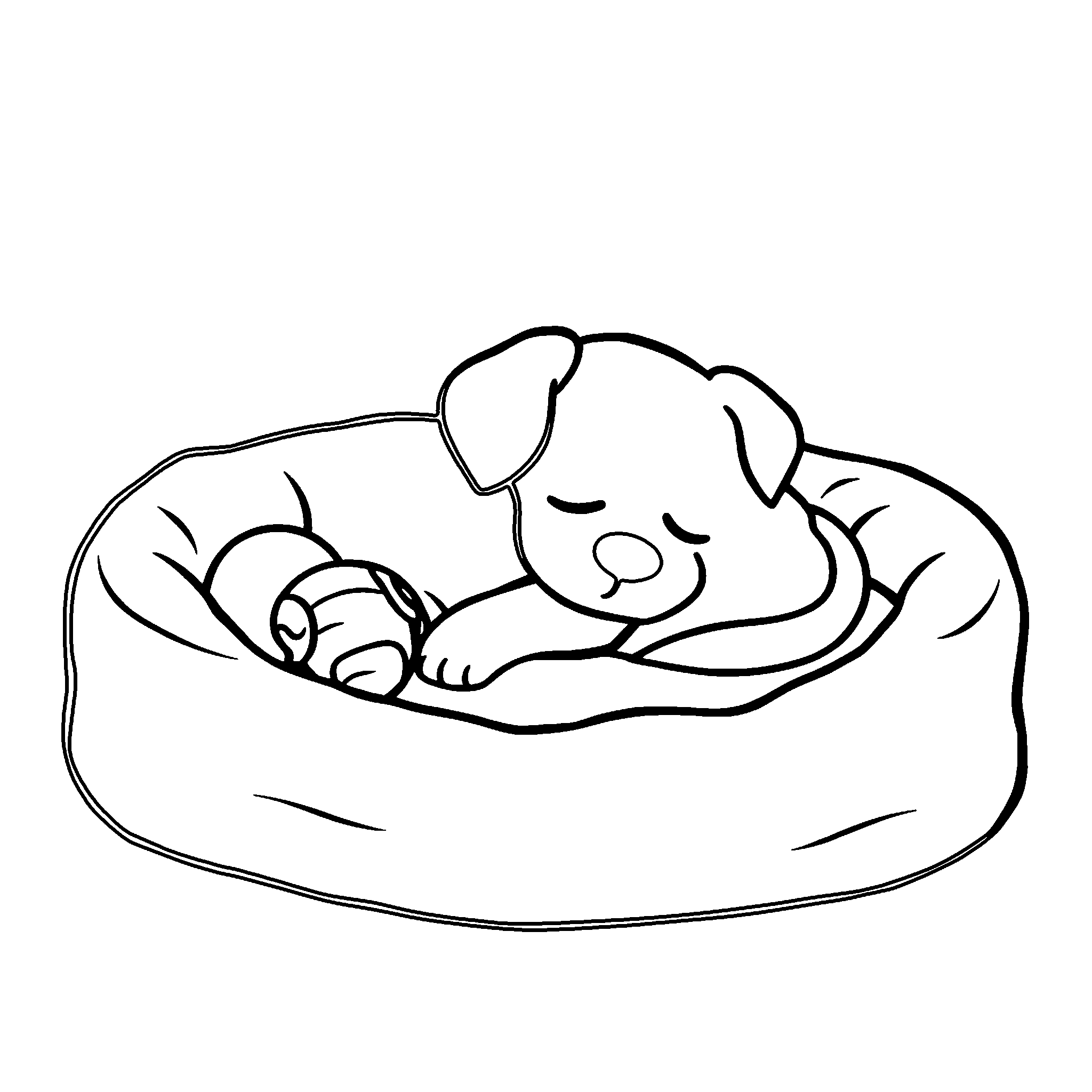 Sleeping puppy coloring page: a puppy asleep in its bed with a toy