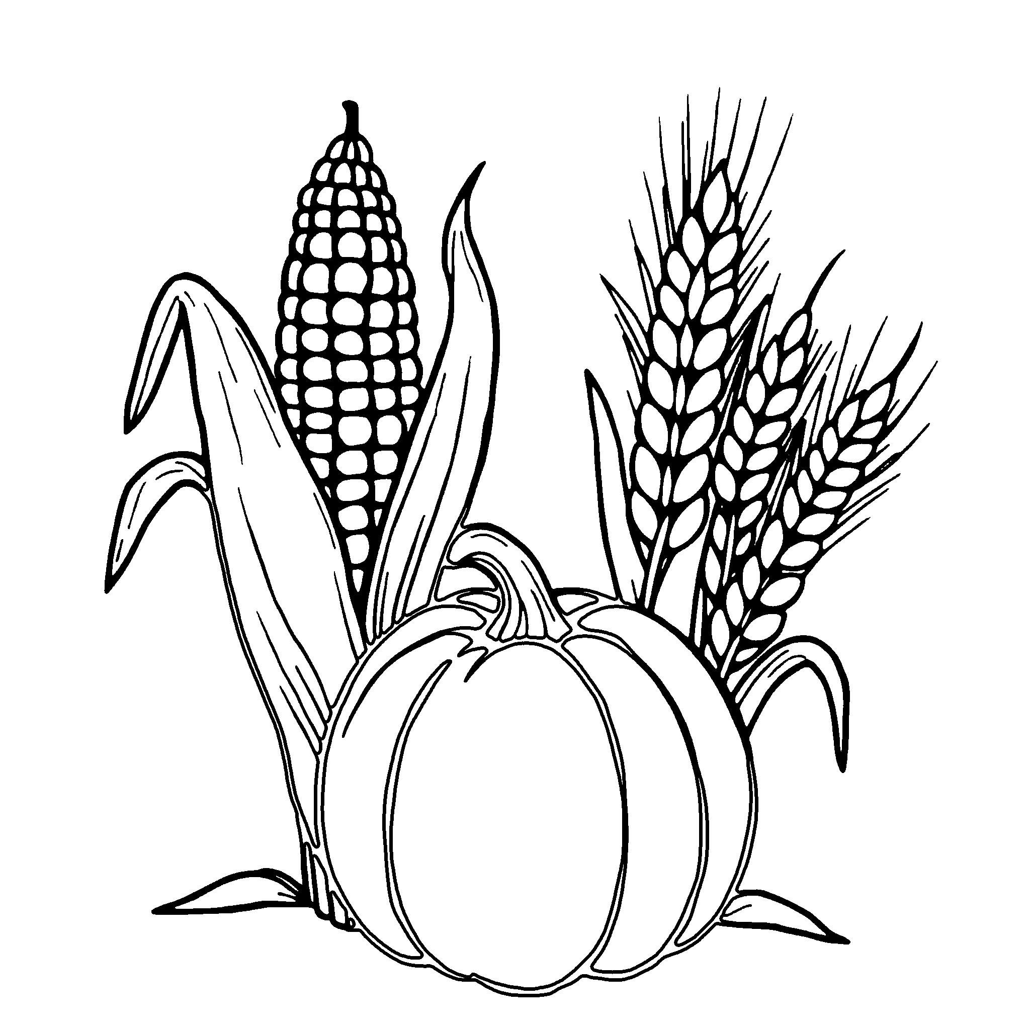 Corn and wheat coloring page: corn cobs and a wheat bundle, a classic harvest still life