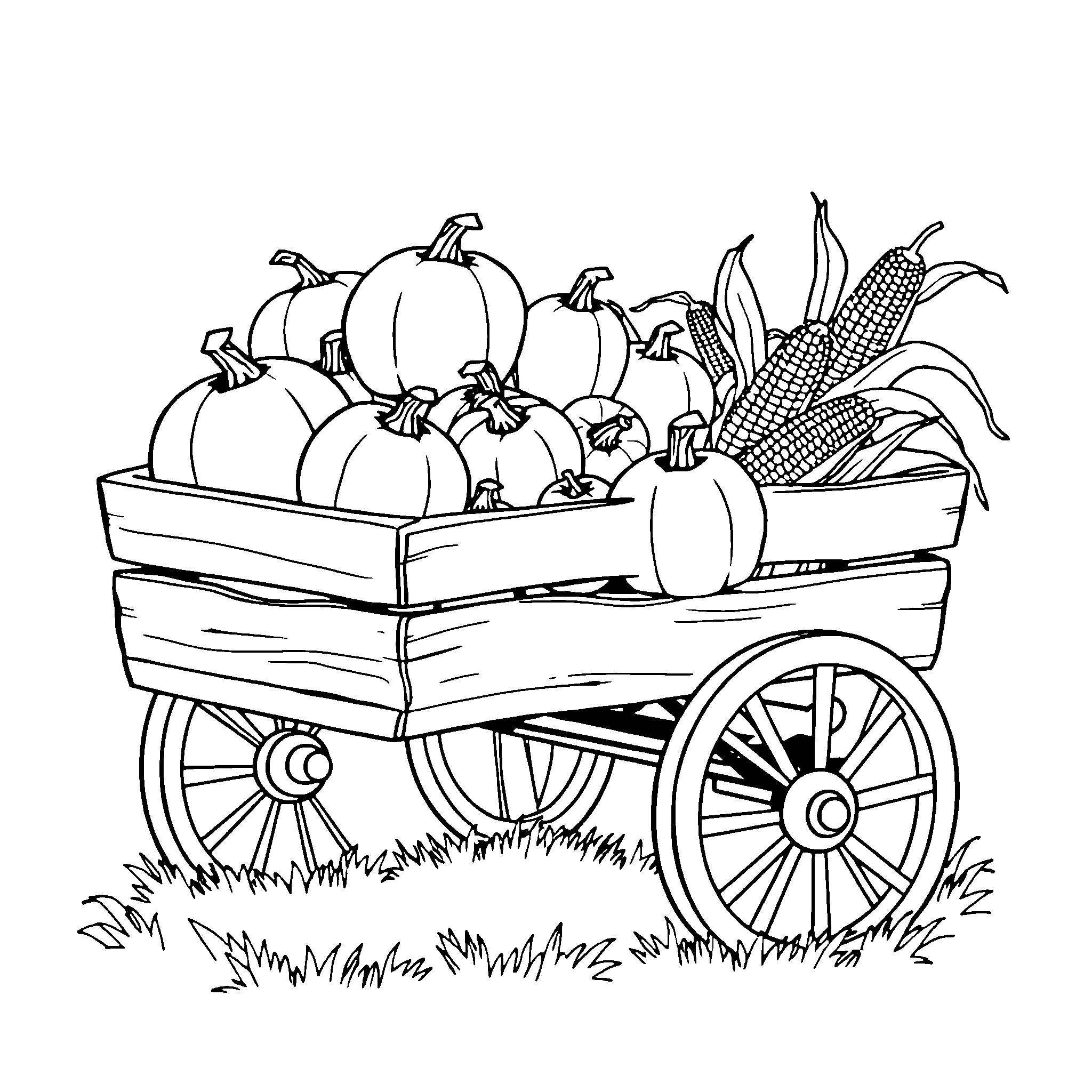 Harvest wagon coloring page: a farm wagon loaded with the harvest: pumpkins, apples and corn