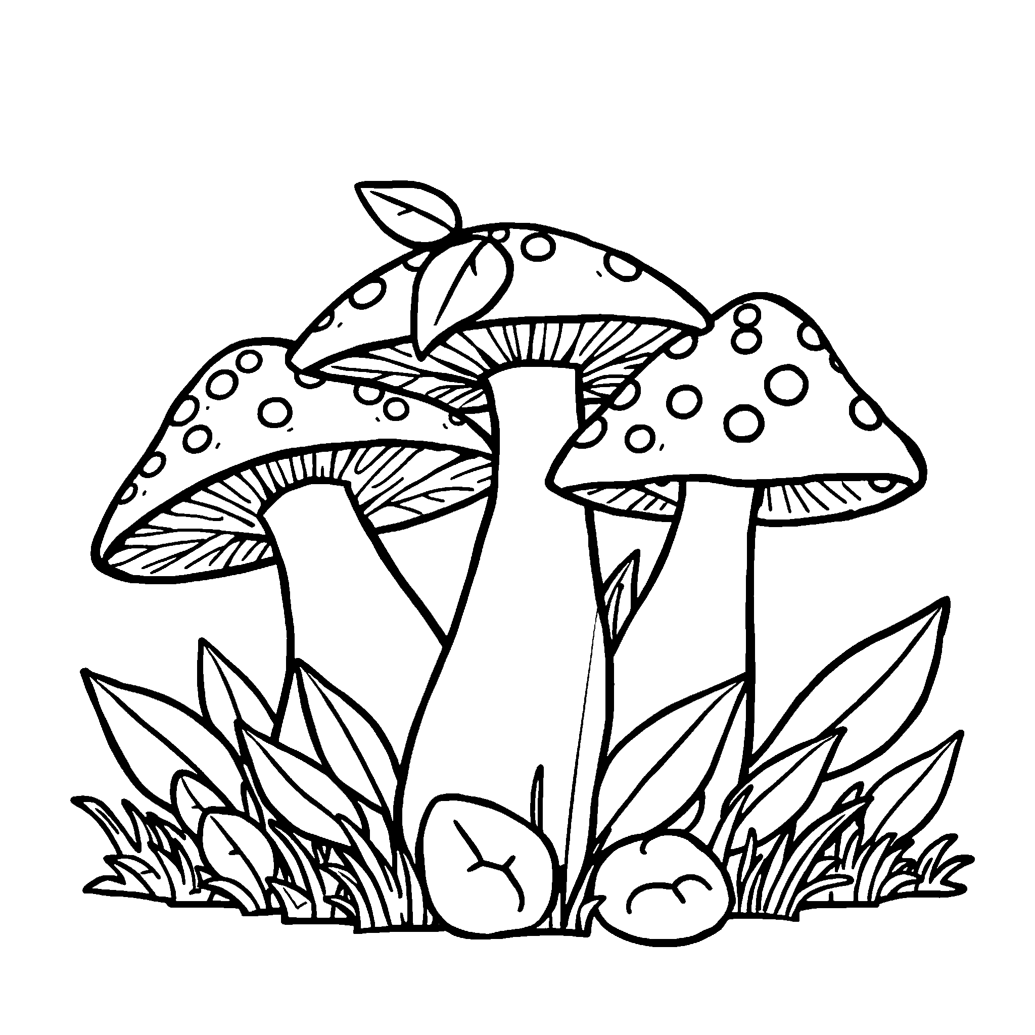 Mushroom family coloring page: toadstools of different sizes with dotted caps