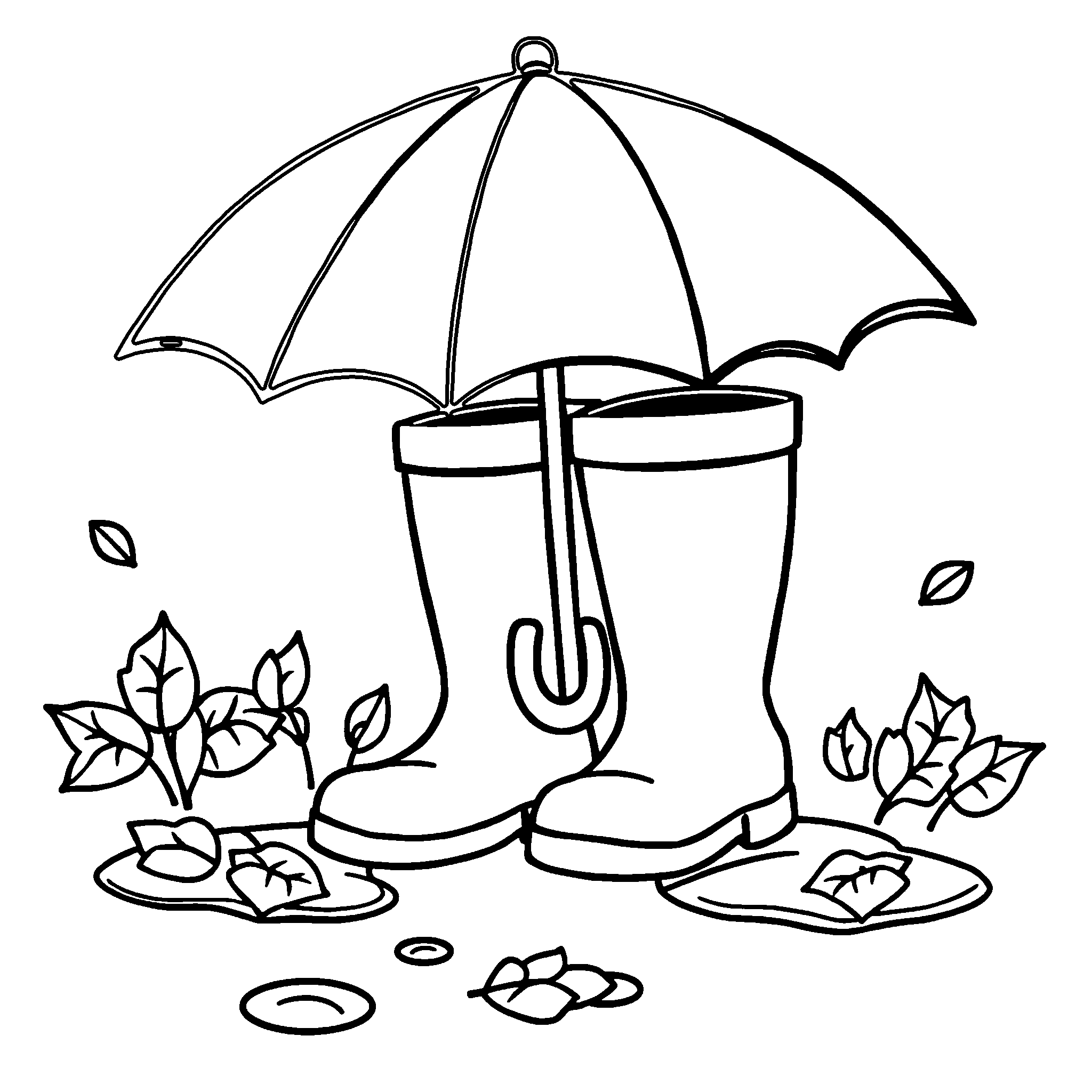 Rain boots and umbrella coloring page: boots, an umbrella and puddles for a rainy fall day
