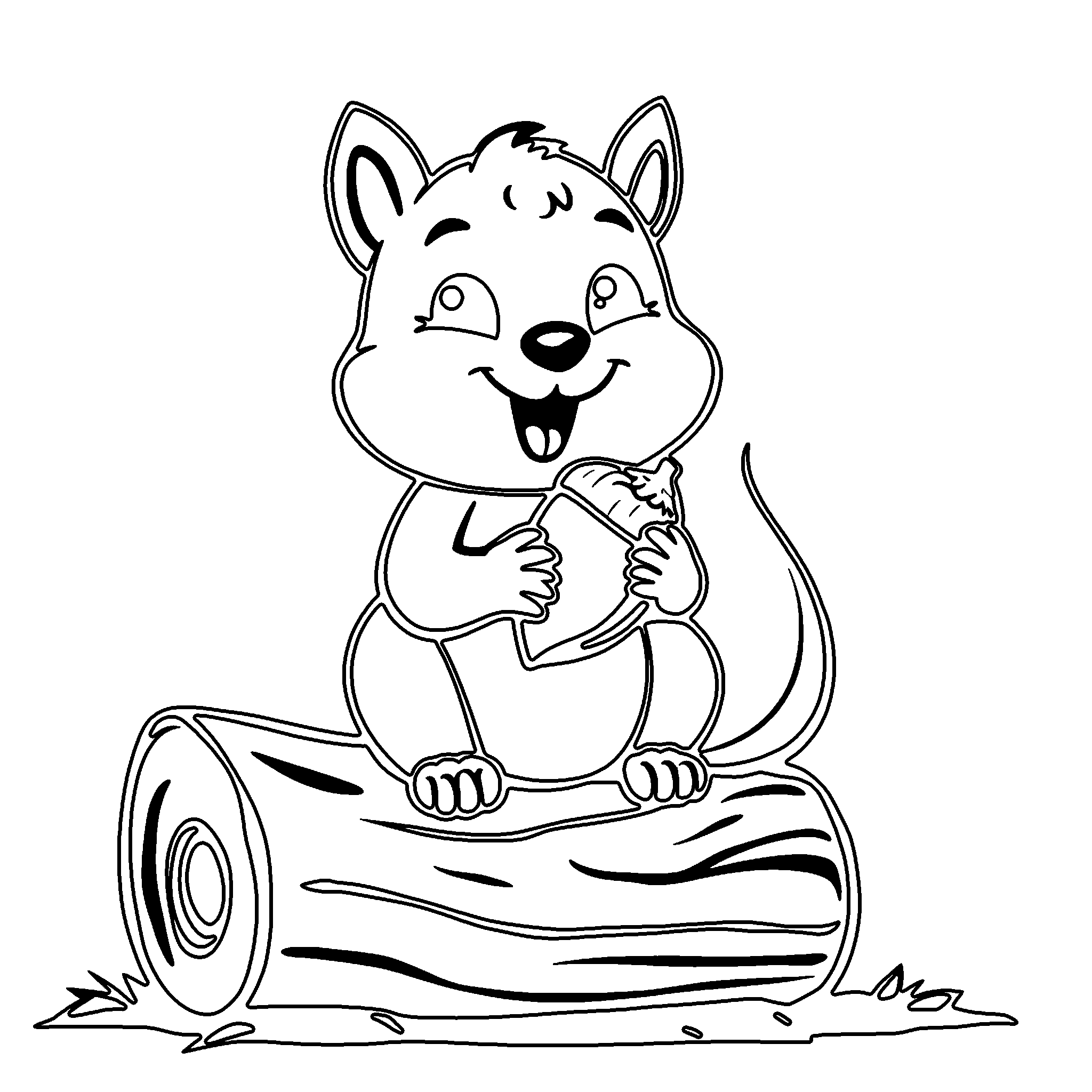 Squirrel with an acorn coloring page: a bushy-tailed squirrel holding its acorn on a log