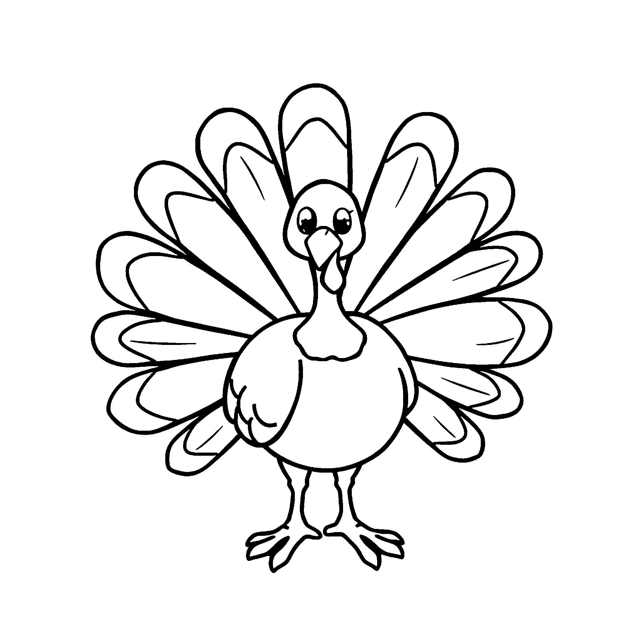 Turkey with fan tail coloring page: a turkey with a big fan of feathers, each one its own space to color