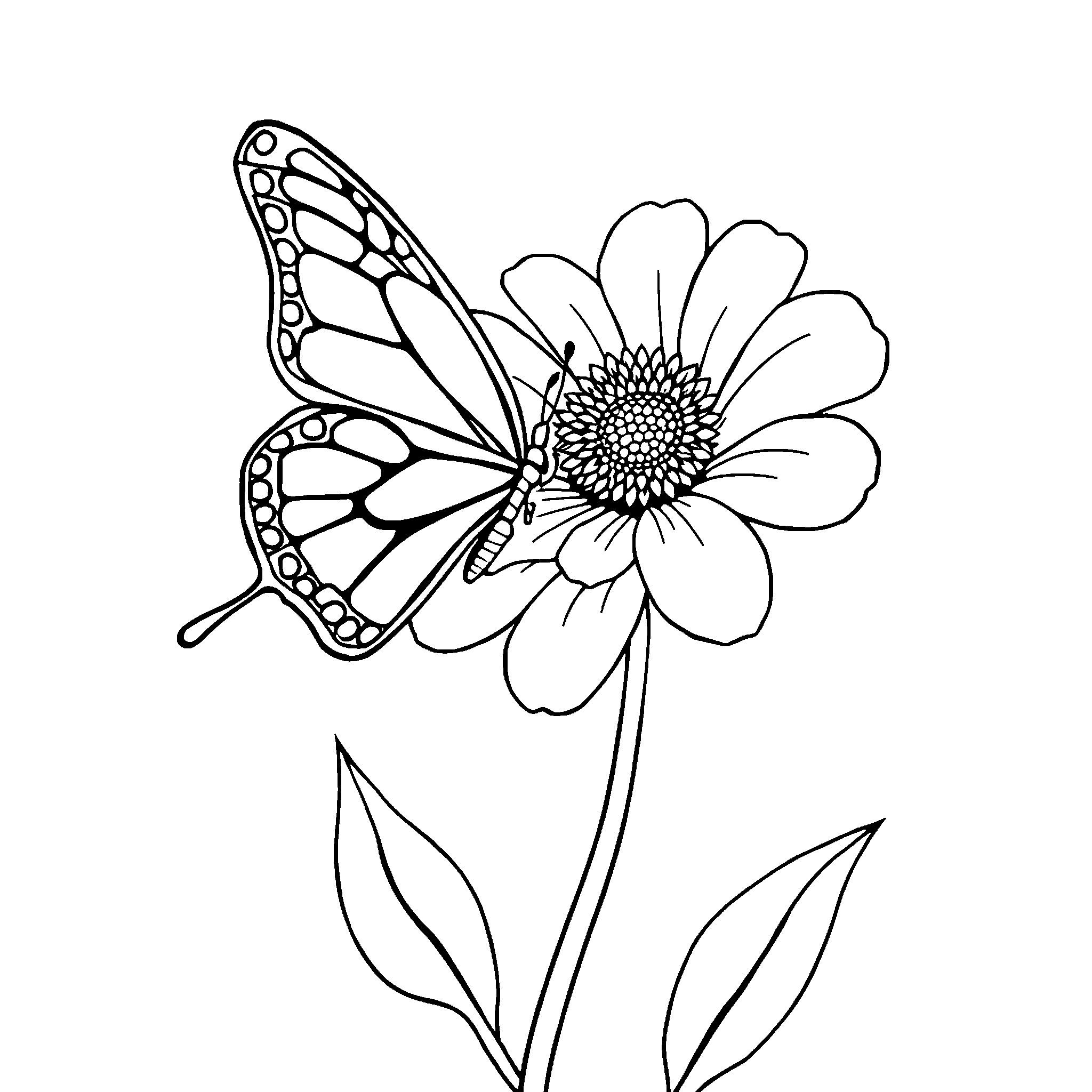 Butterfly on a flower coloring page: a butterfly resting on a flower head