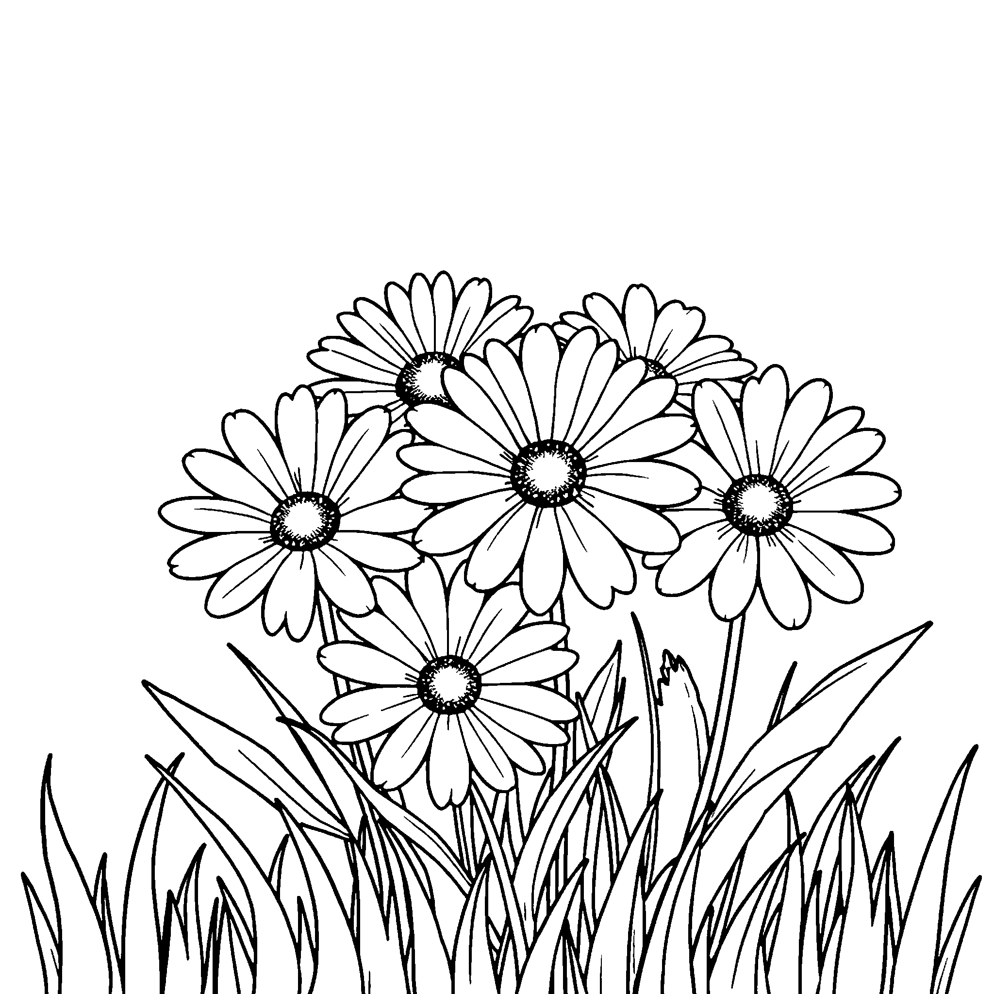 Daisies coloring page: a clump of daisies in the grass