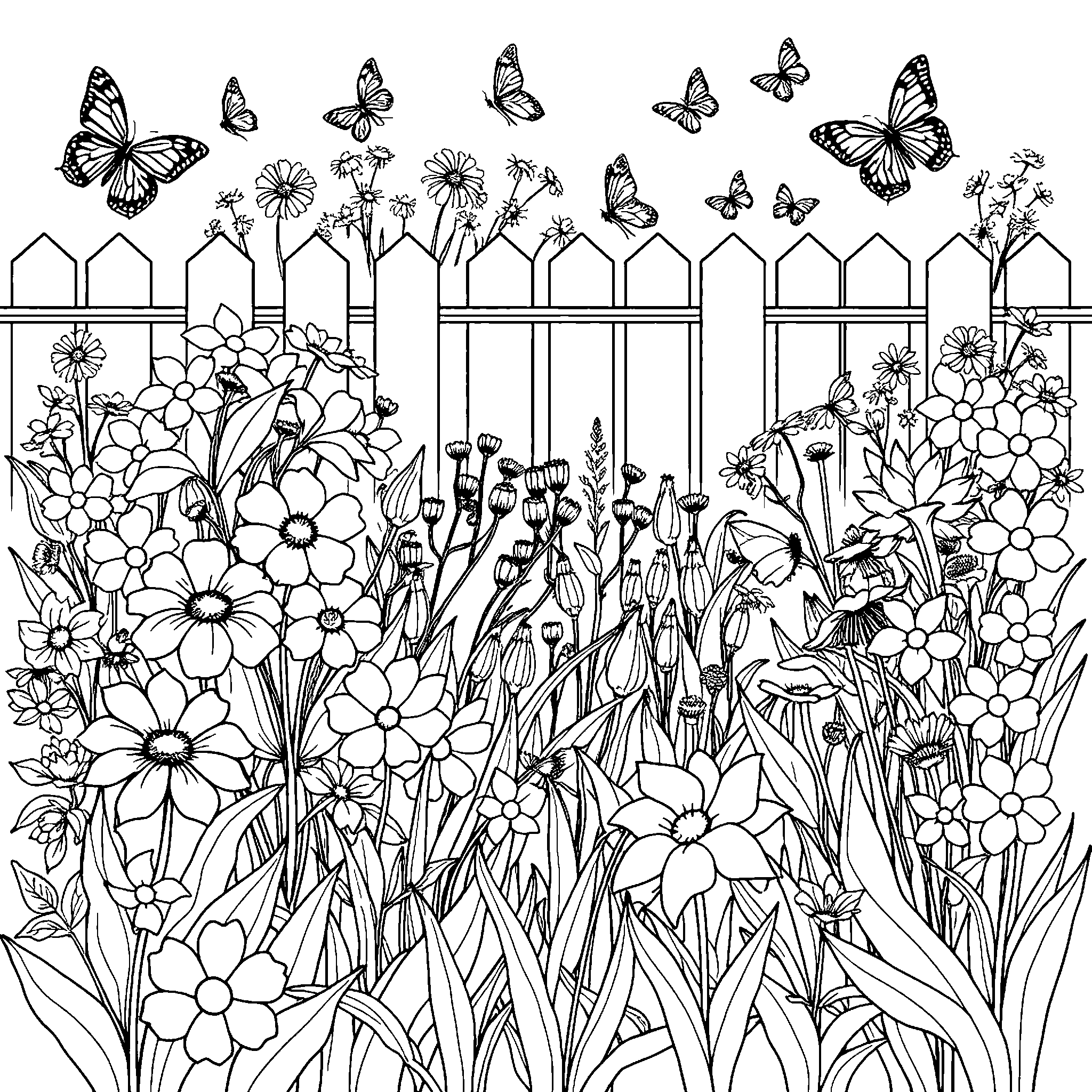 Flower garden coloring page: a whole garden of flowers behind a picket fence