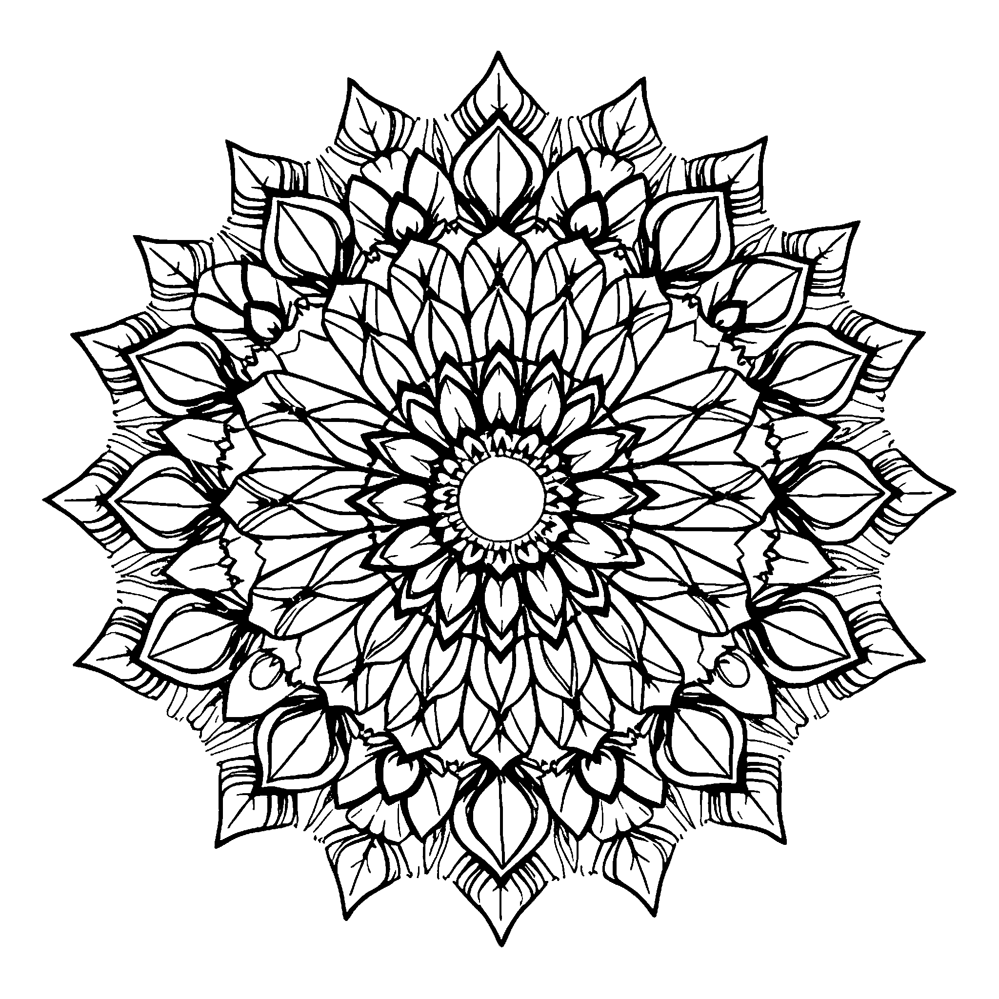 Flower mandala coloring page: a round pattern built from petals, for adults