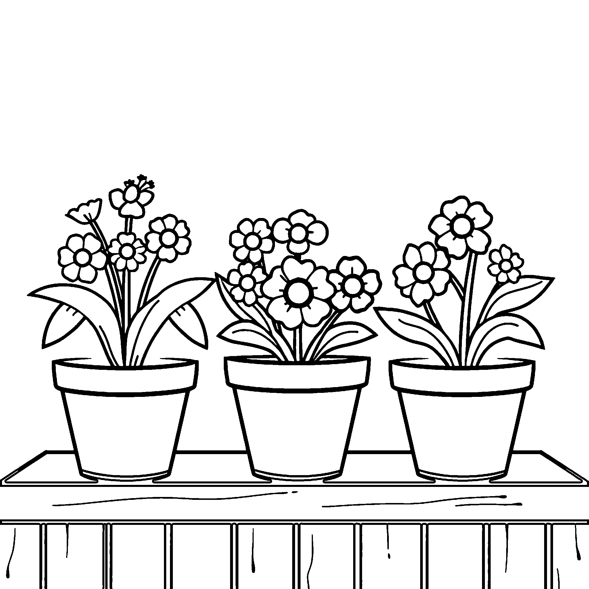 Flower pots coloring page: three pots, three kinds of flowers