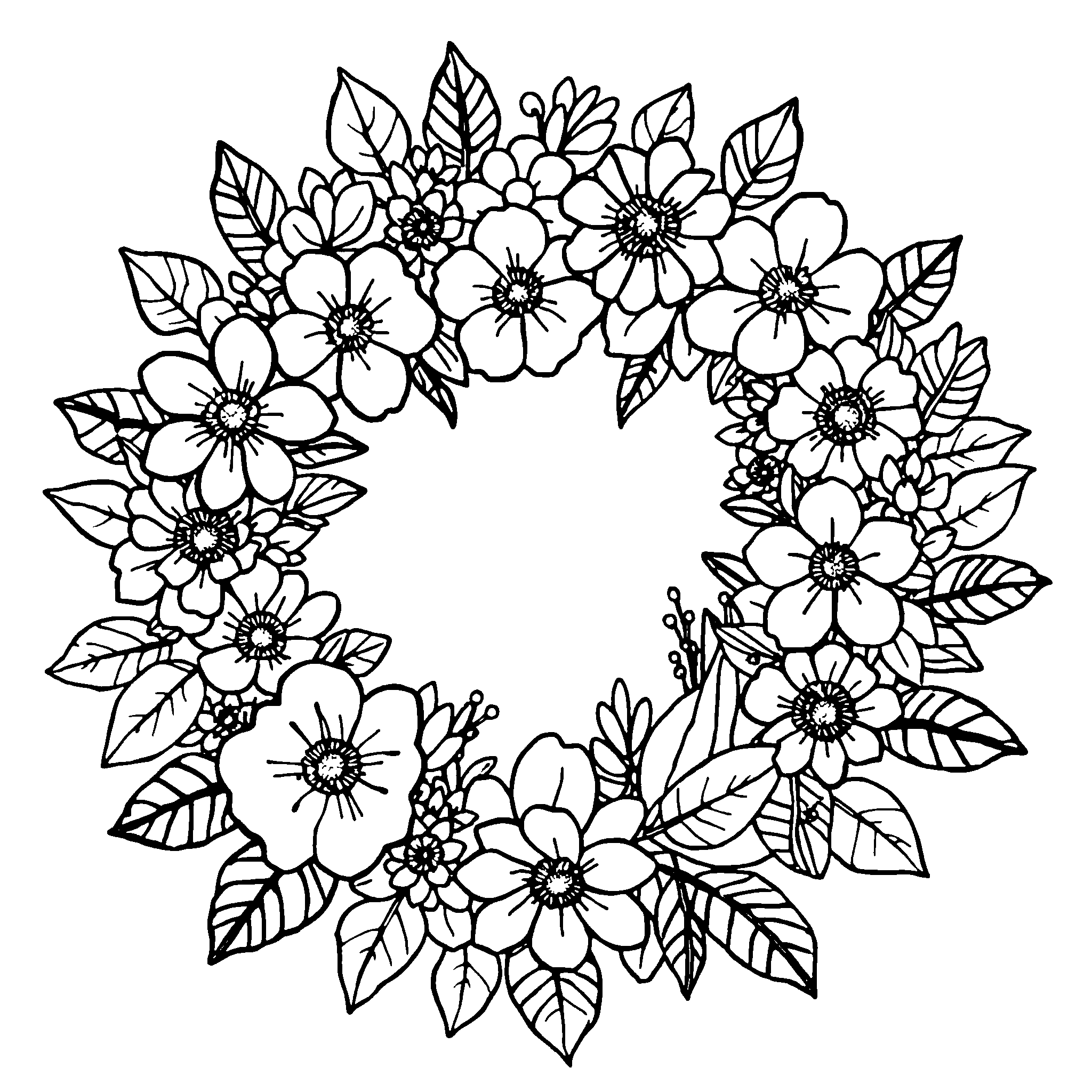 Flower wreath coloring page: a ring of mixed flowers and leaves