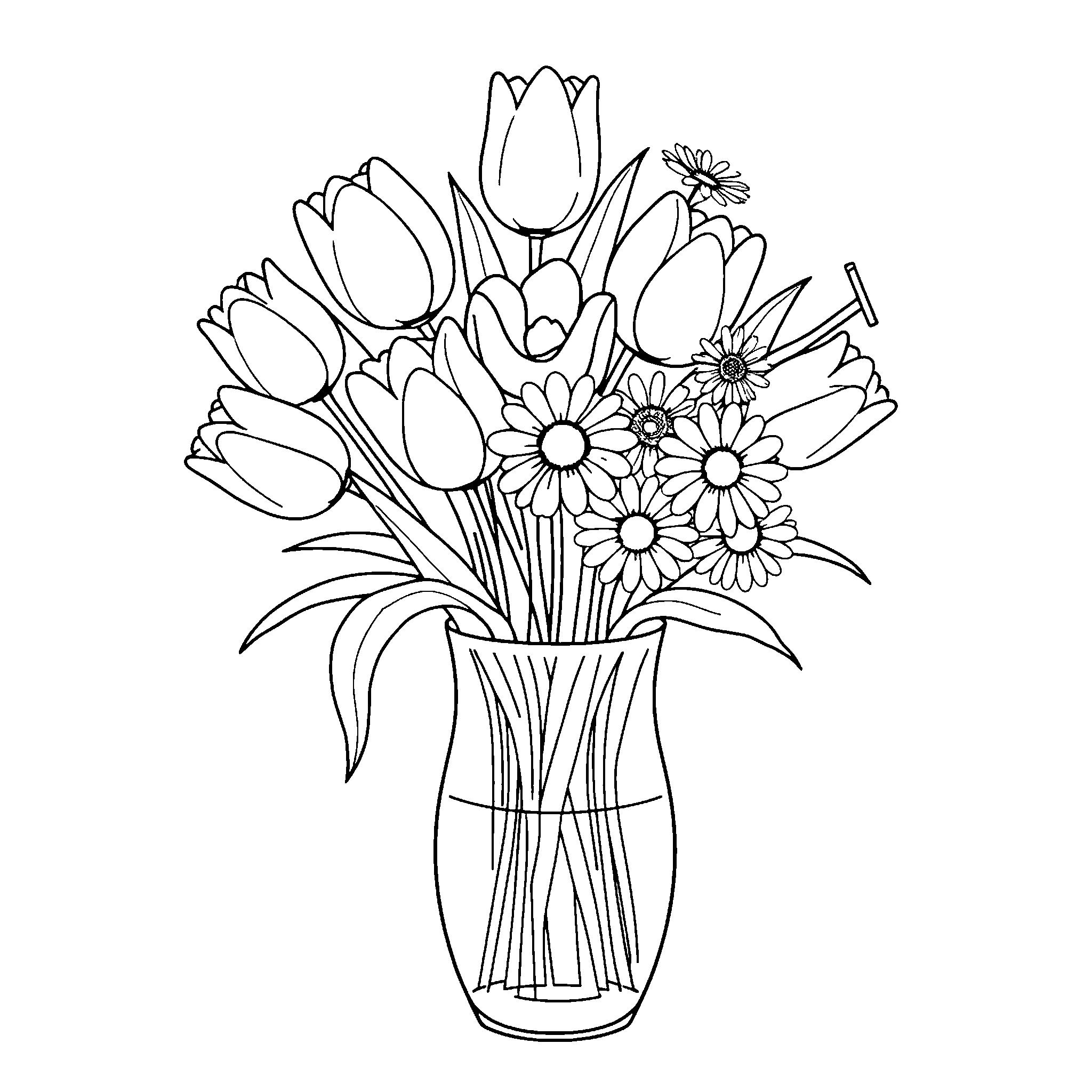 Tulips in a vase coloring page: tulips and daisies arranged in a glass vase