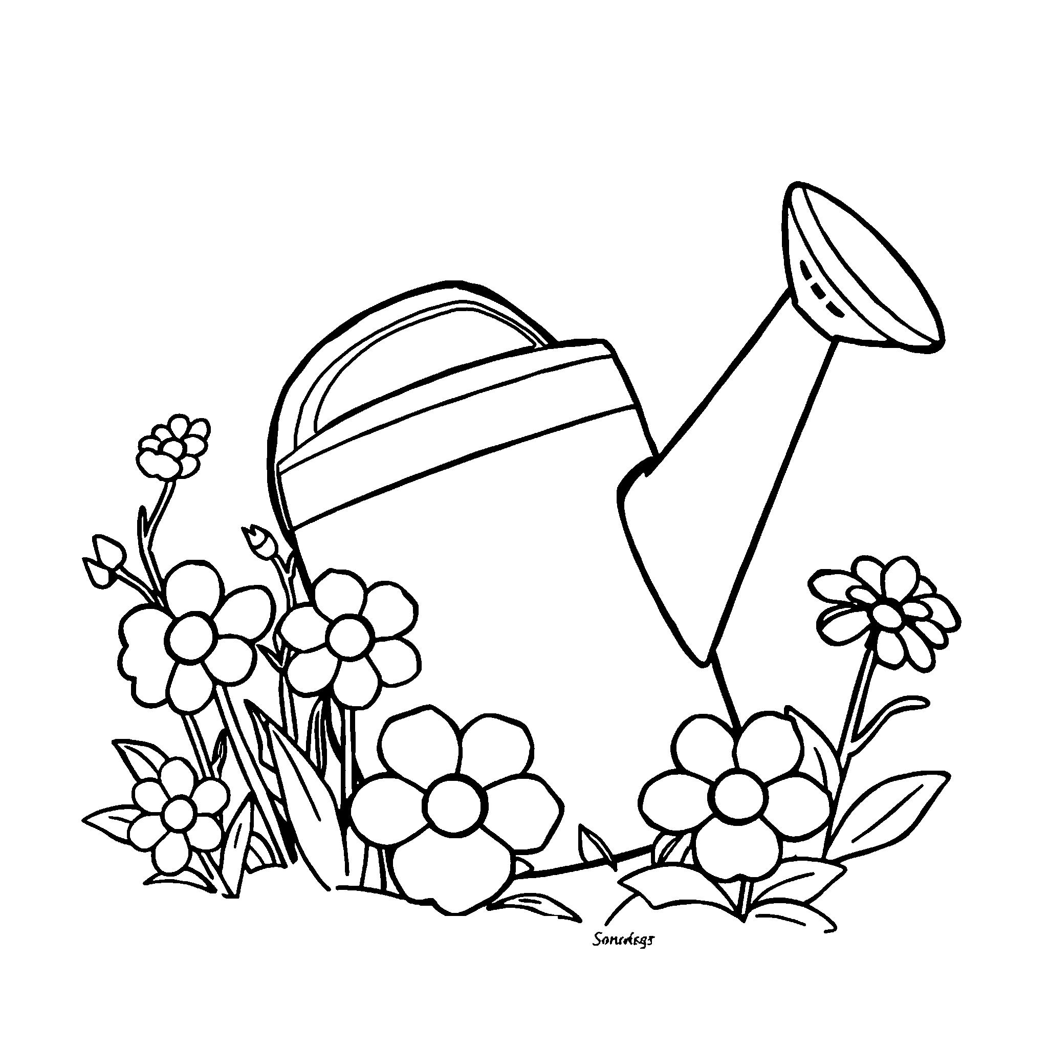 Watering can and flowers coloring page: a watering can among growing flowers