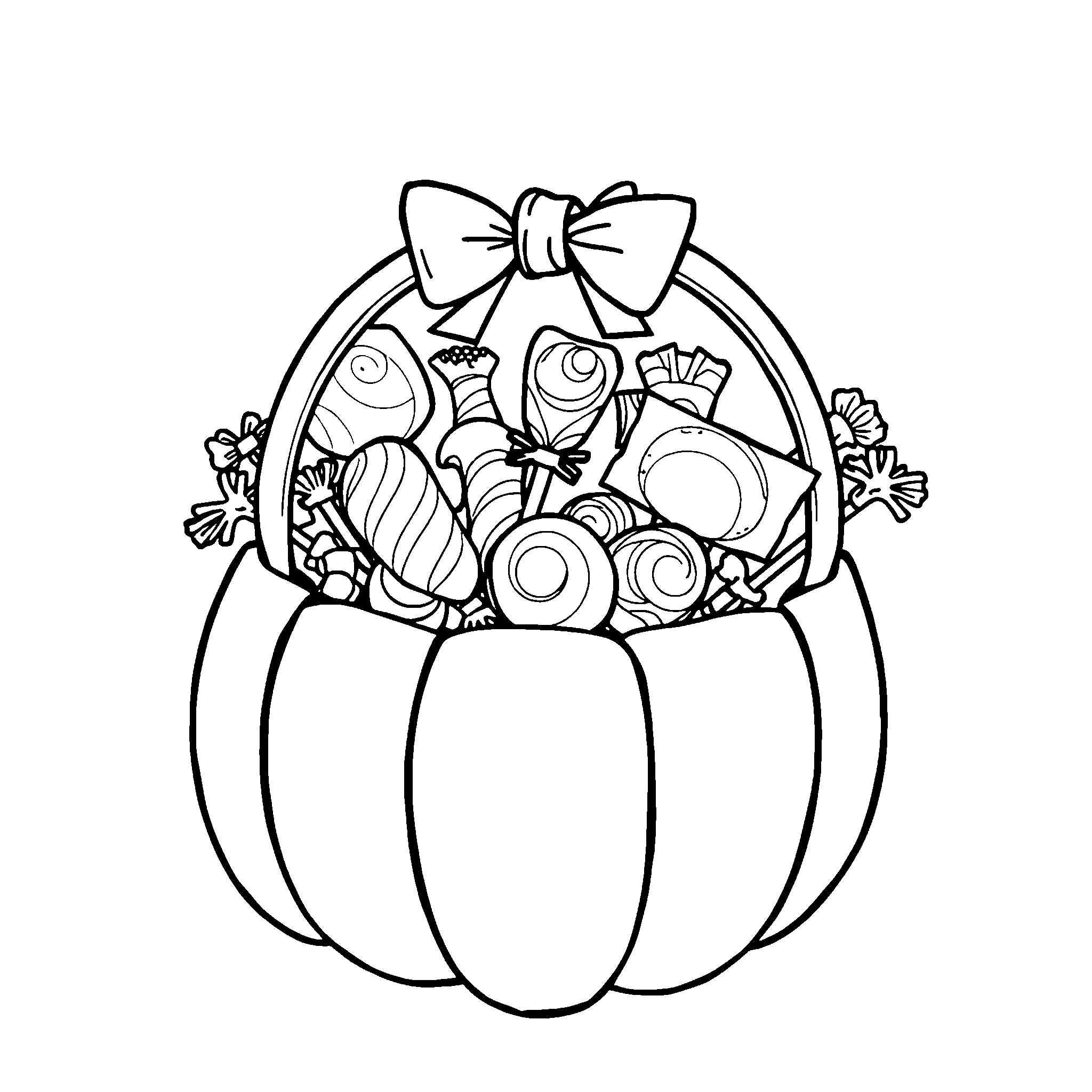 Trick-or-treat candy basket coloring page: a pumpkin pail spilling over with sweets, lots of small shapes to fill