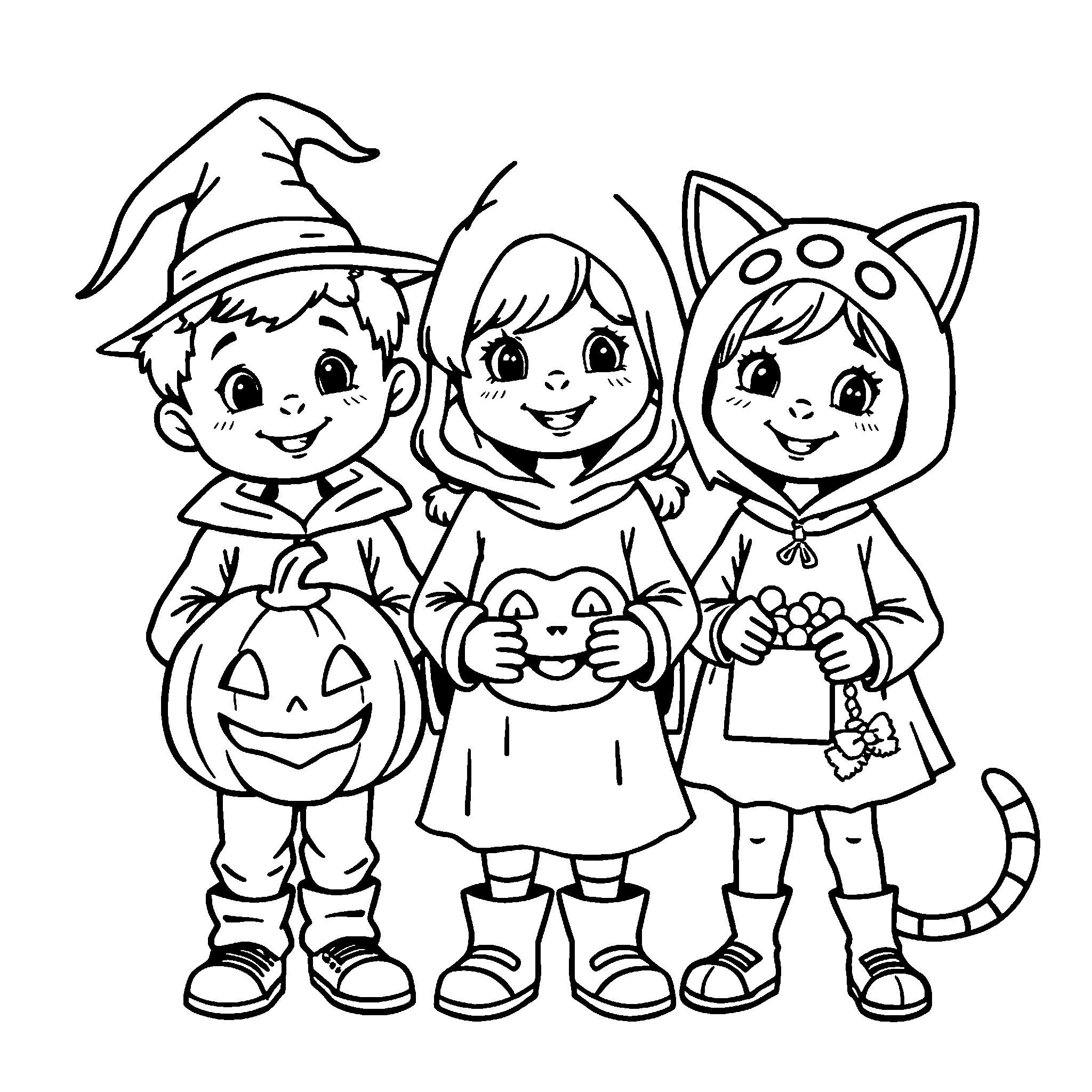 Costume party coloring page: three friends in pumpkin, ghost and cat costumes heading out with their bags